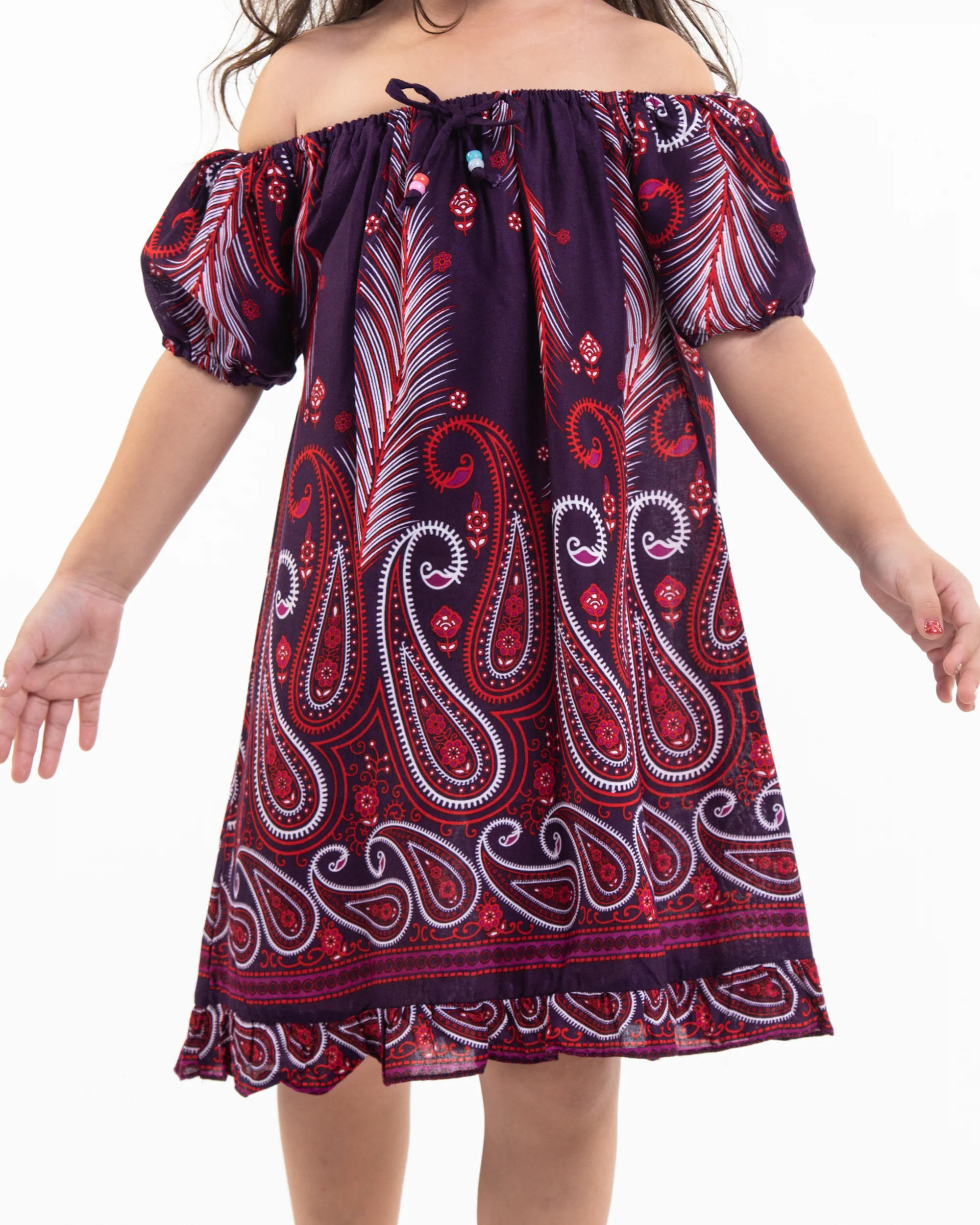 Kids Paisley Feathers Dress in Purple