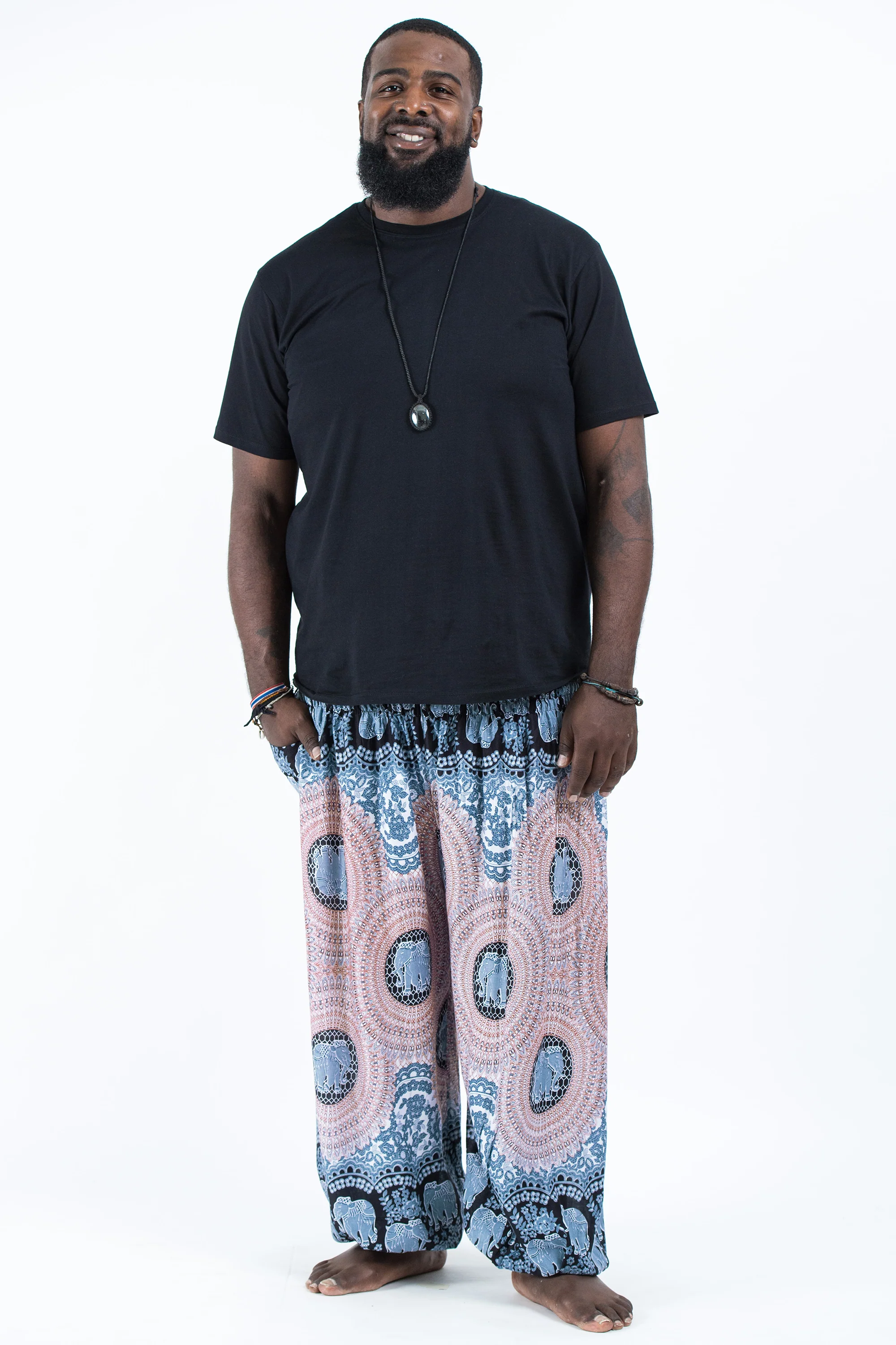Plus Size Mandala Elephant Men's Elephant Pants in Silver Gray