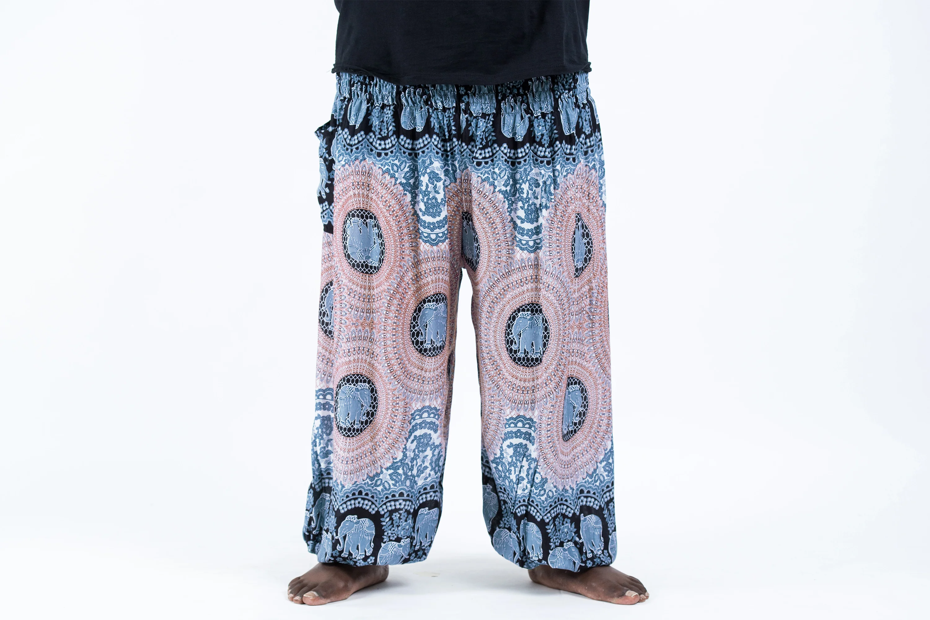 Plus Size Mandala Elephant Men's Elephant Pants in Silver Gray