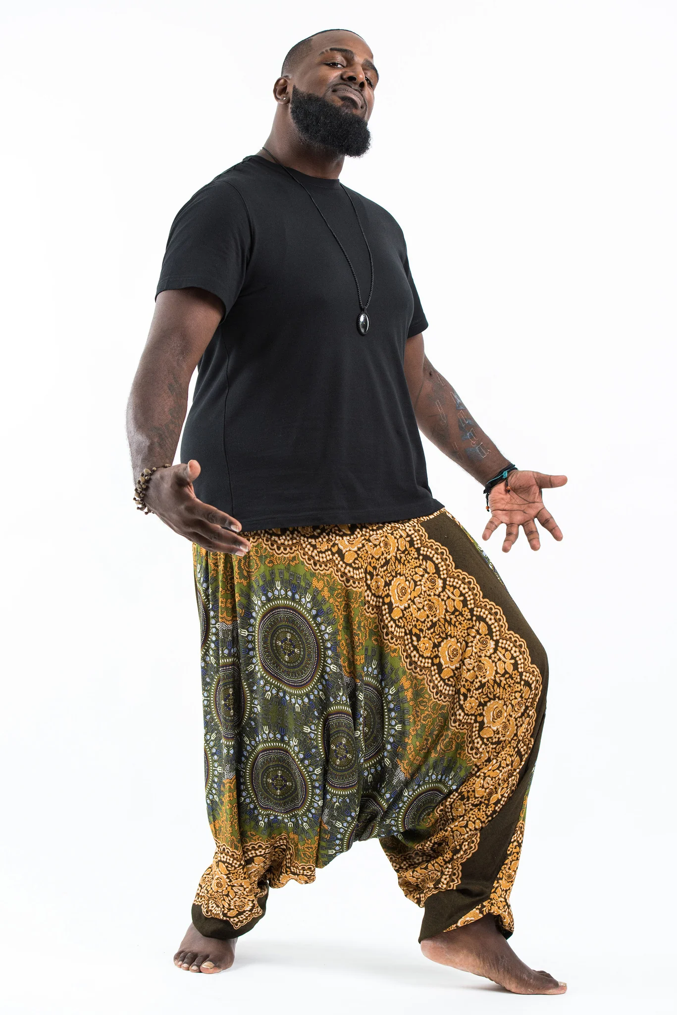 Plus Size Trishula Mandalas Drop Crotch Men's Harem Pants in Olive