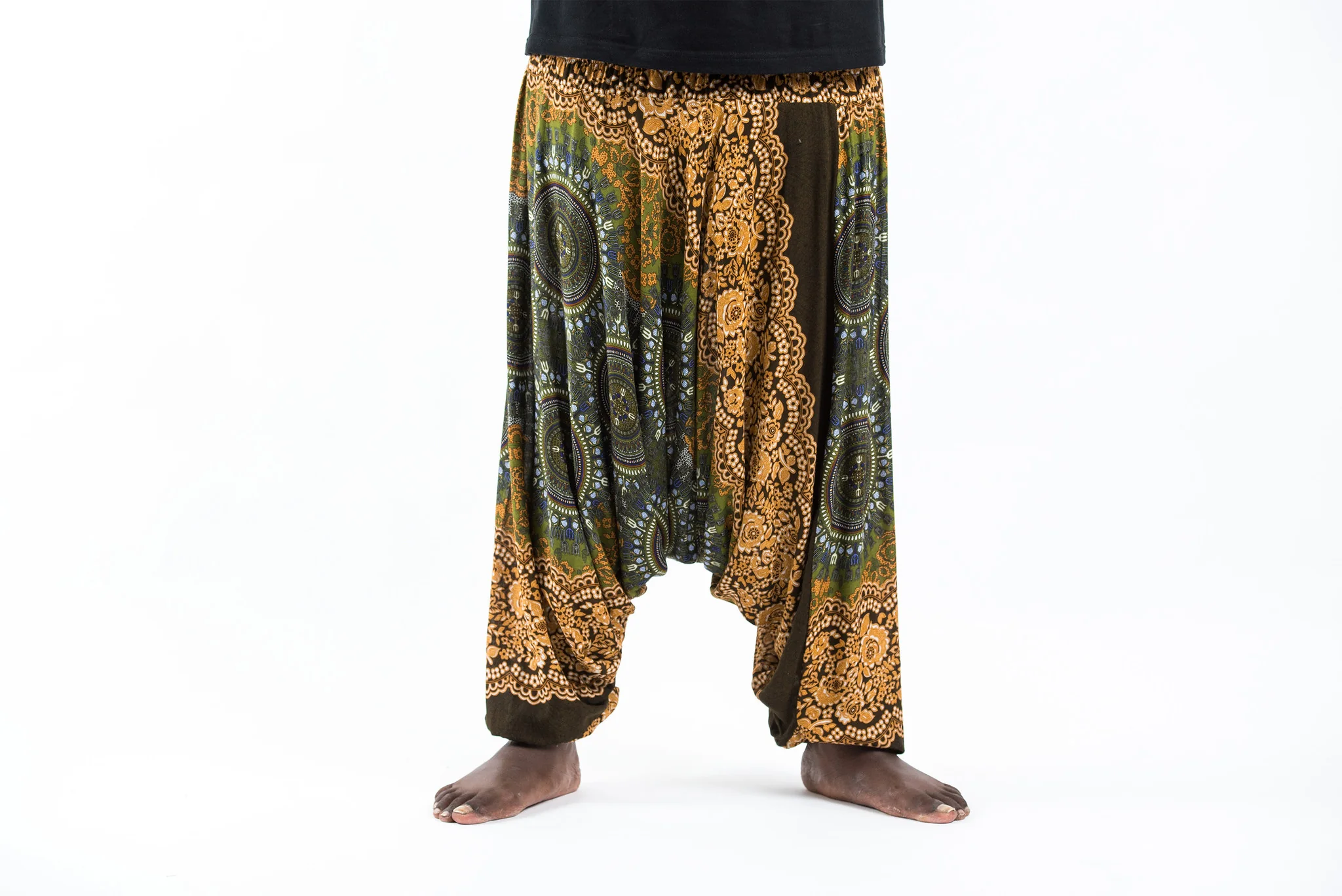 Plus Size Trishula Mandalas Drop Crotch Men's Harem Pants in Olive