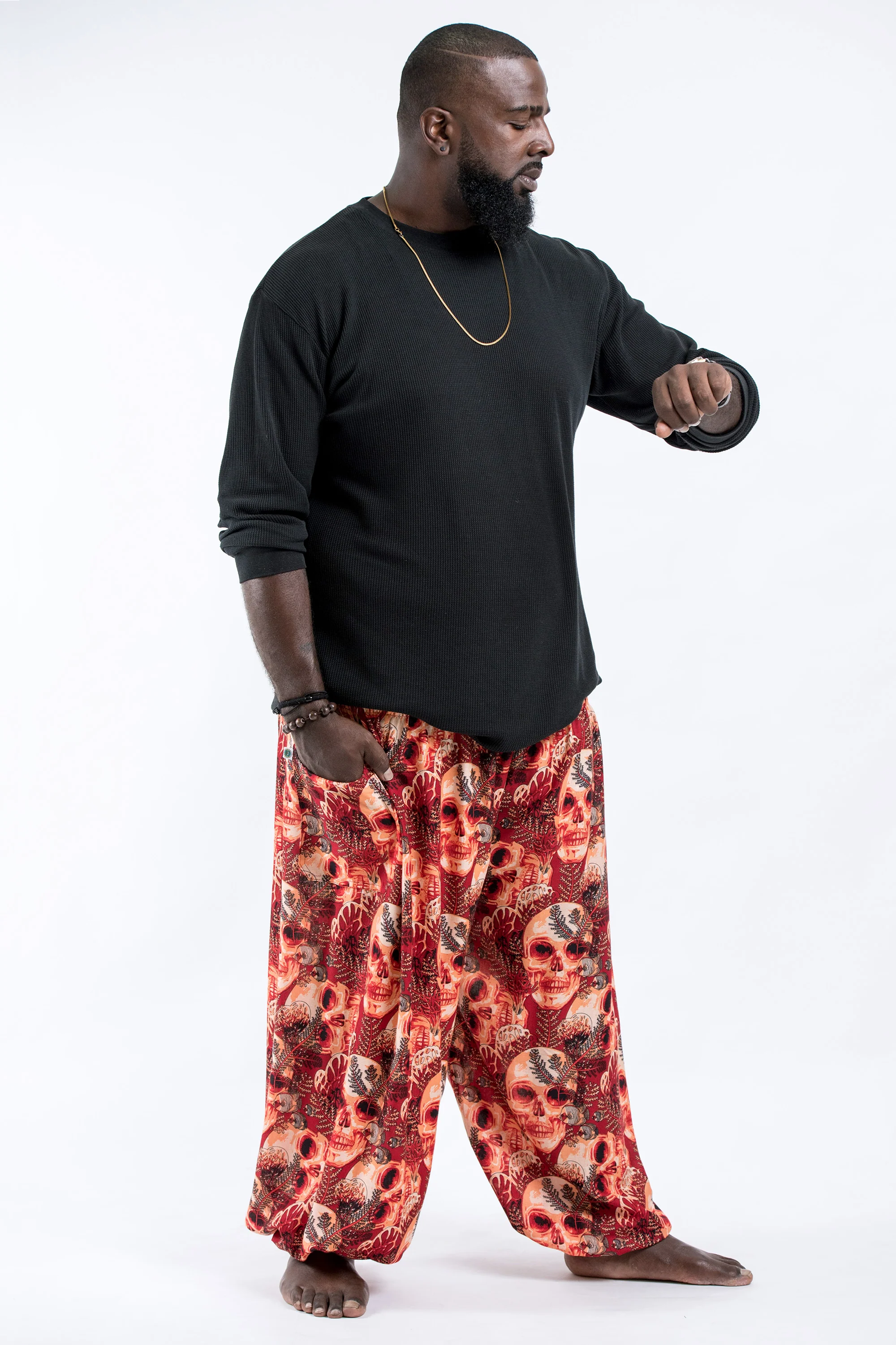2666-Plus-Size-Skulls-Men-s-Harem-Pants-in-Red-3.webp Plus Size Skulls Men's Harem Pants in Red