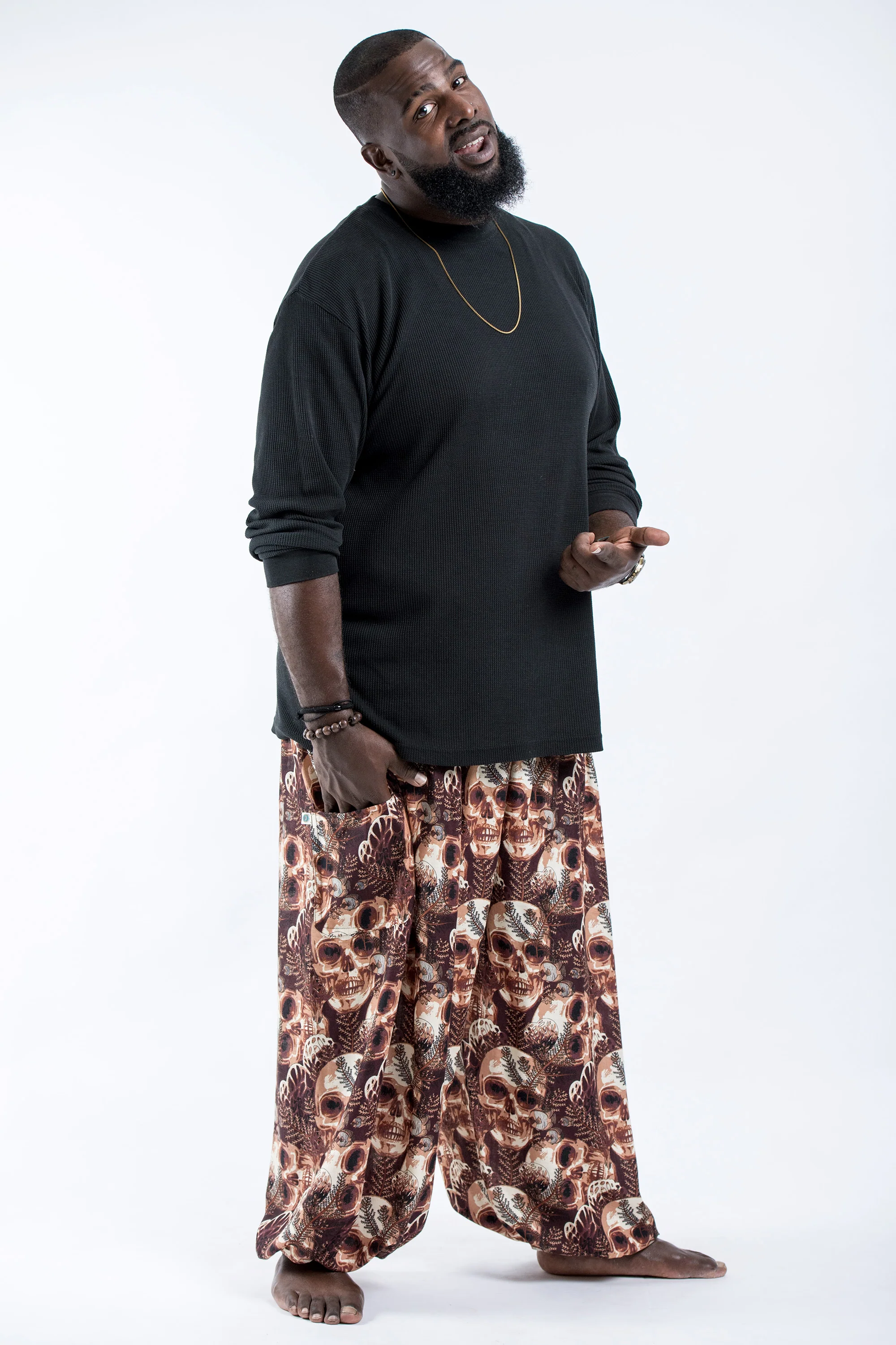 2667-Plus-Size-Skulls-Men-s-Harem-Pants-in-Brown-3.webp Plus Size Skulls Men's Harem Pants in Brown