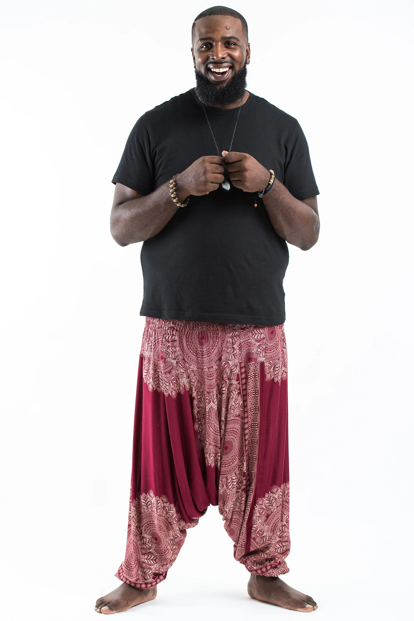 Plus Size Floral Mandalas Drop Crotch Men's Harem Pants in Red