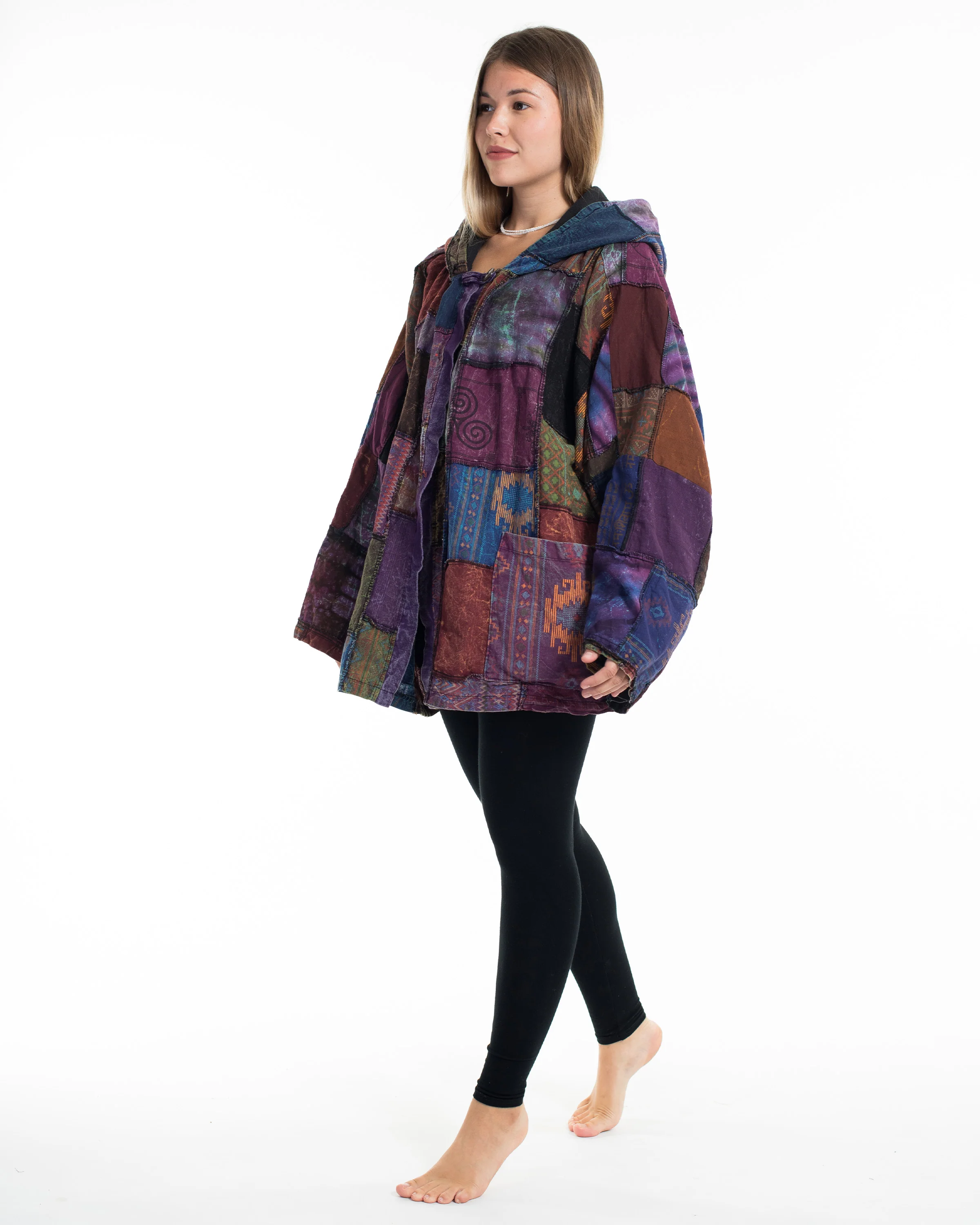 Patchwork Stonewash Hooded Jacket in Multi Purple