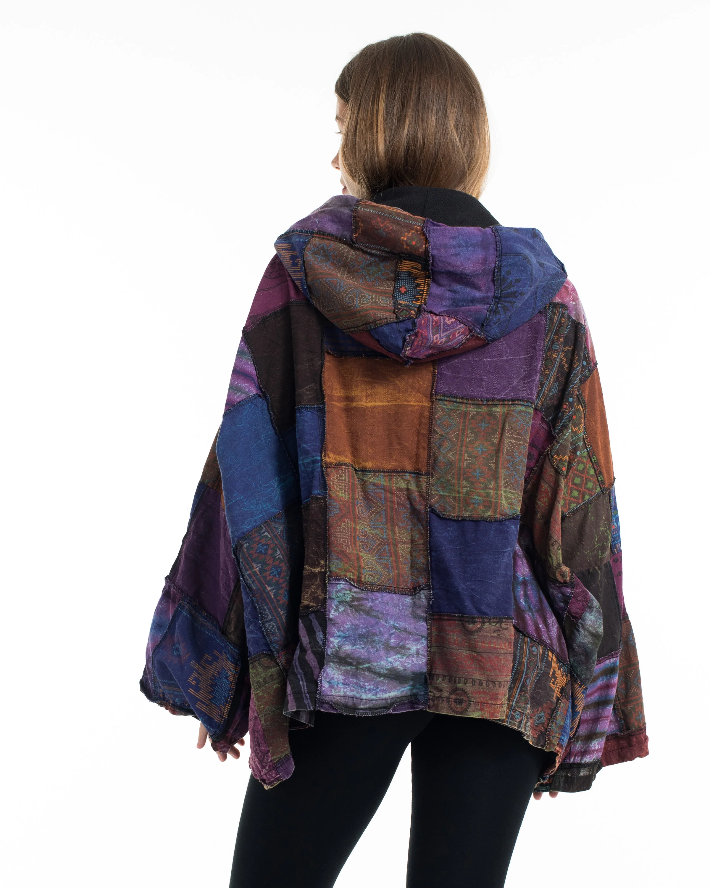 Patchwork Stonewash Hooded Jacket in Multi Purple