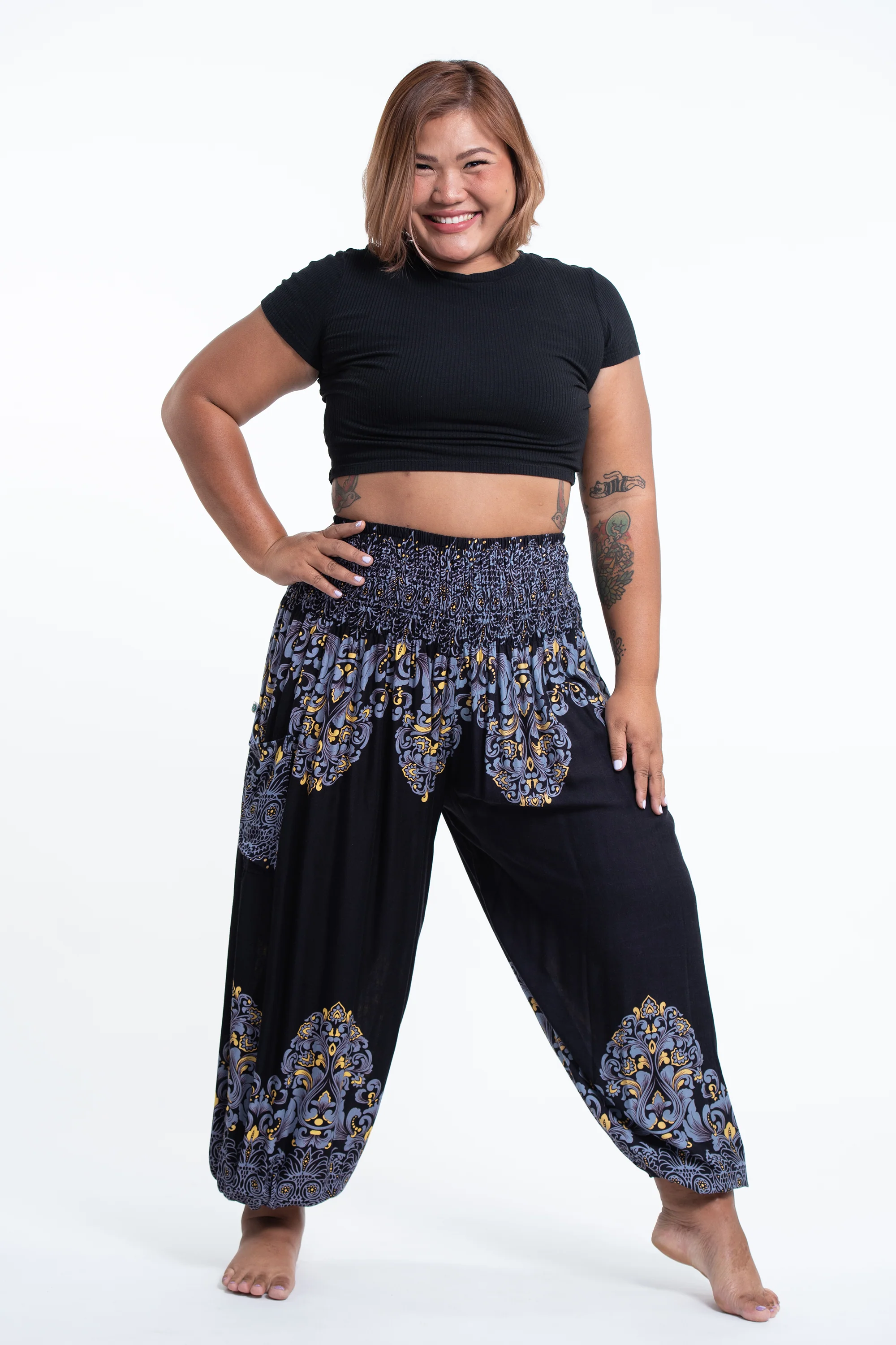 Plus Size Floral Vines Women's Harem Pants in Black
