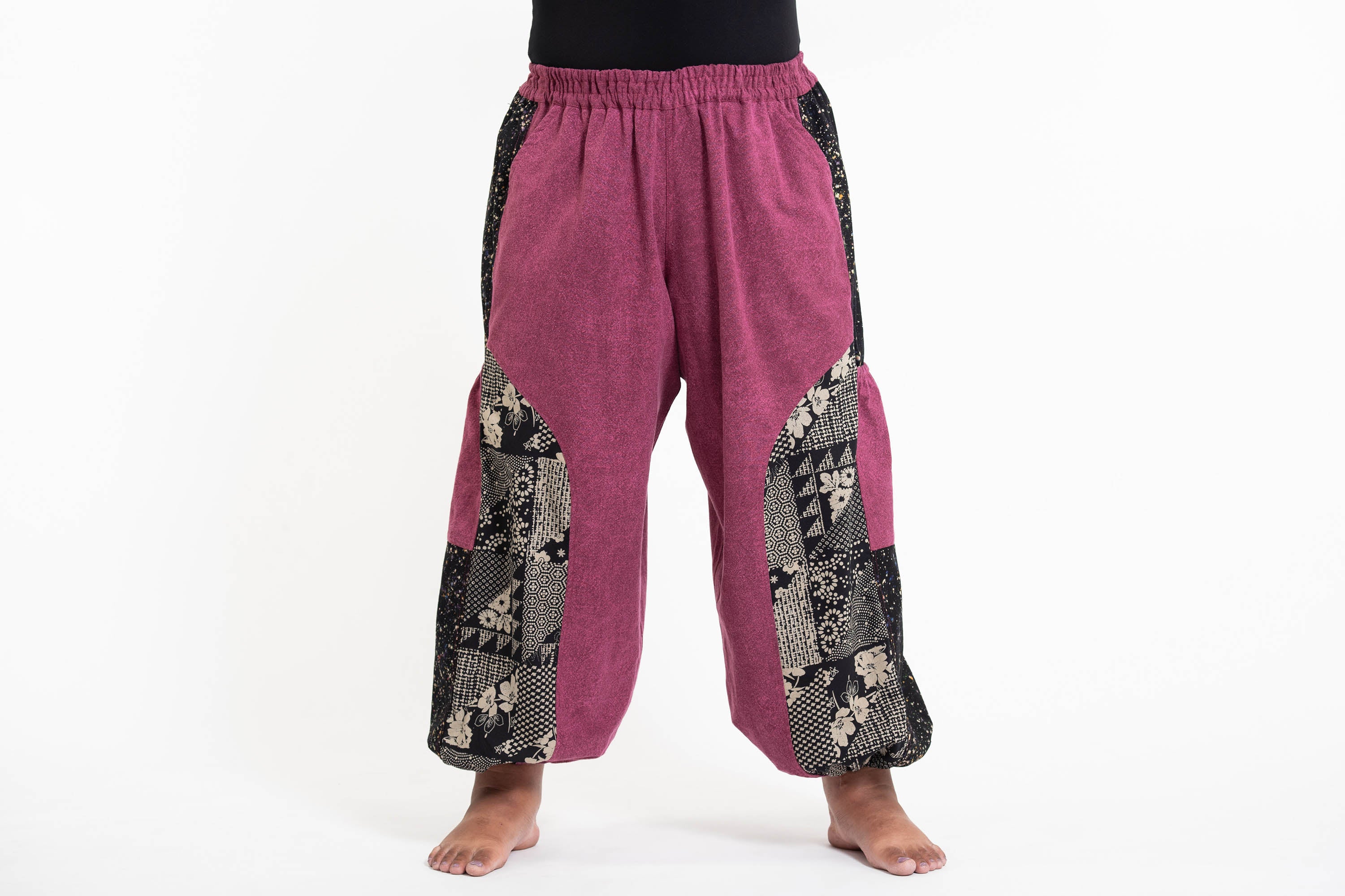 Plus Size Stone Washed Patchwork Women Unisex Pants in Magenta