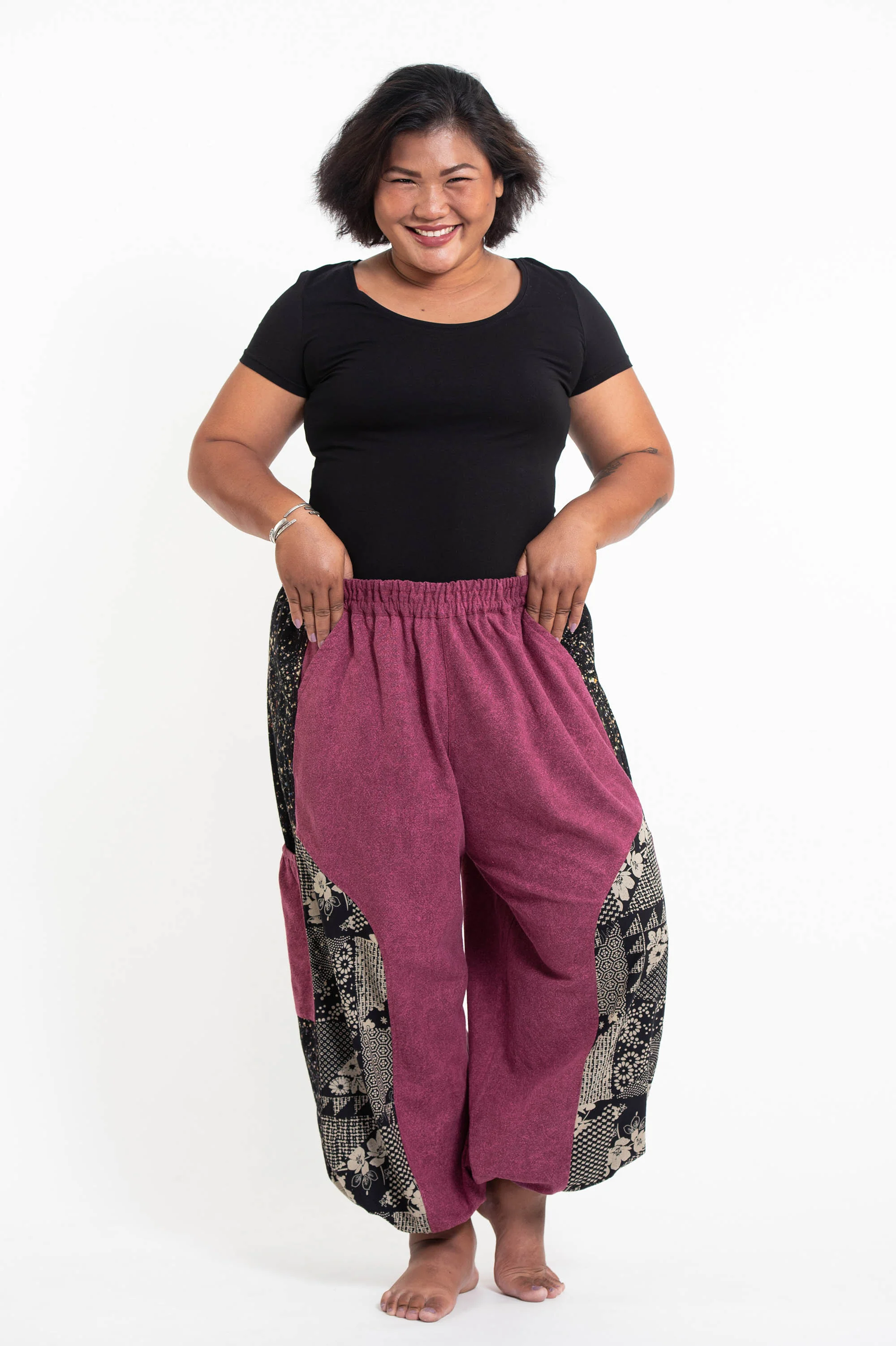 2675-Plus-Size-Stone-Washed-Patchwork-Women-Unisex-Pants-in-Magenta-3.webp Plus Size Stone Washed Patchwork Women Unisex Pants in Magenta