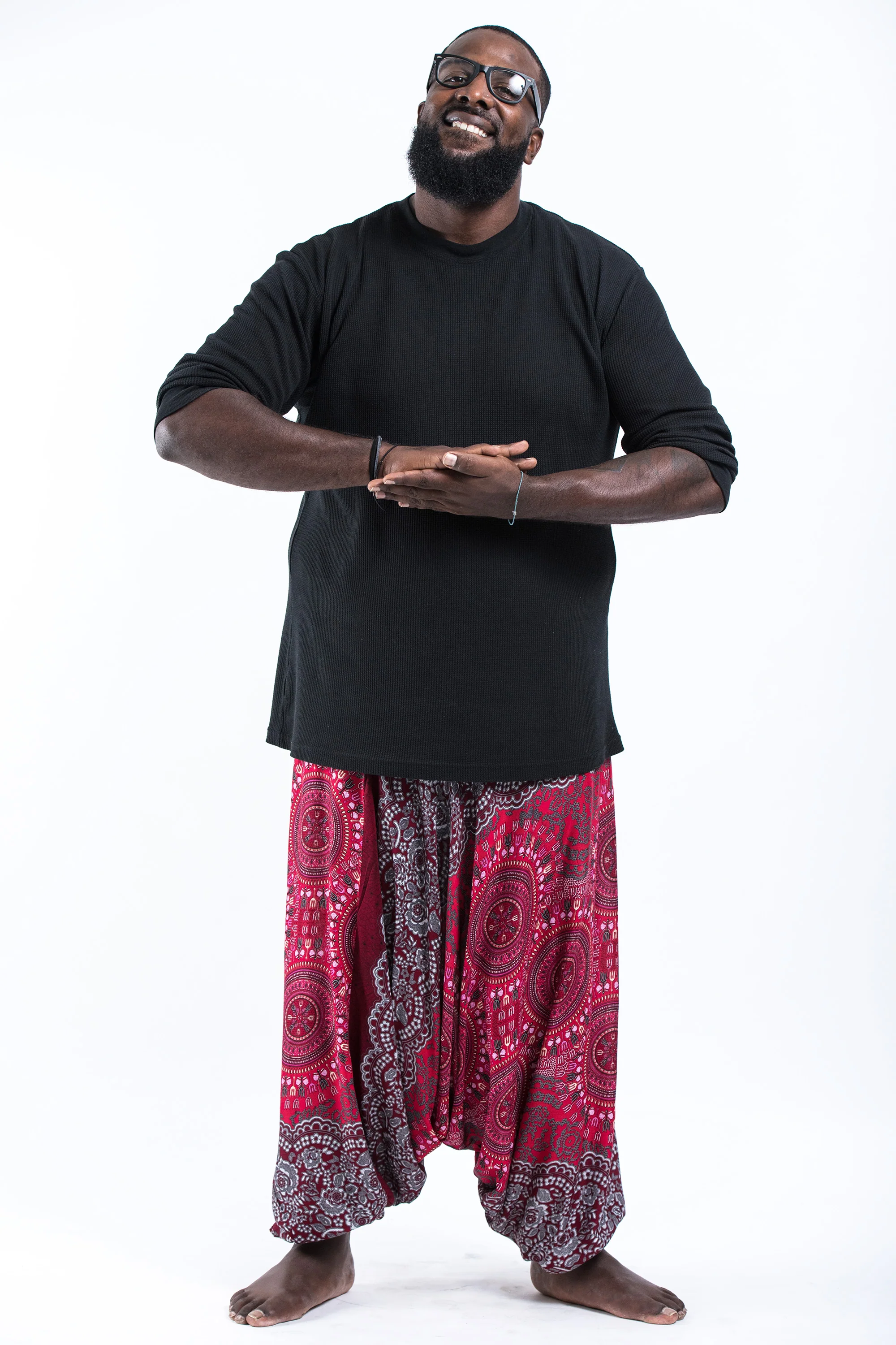 Plus Size Trishula Mandalas Drop Crotch Men's Harem Pants in Red