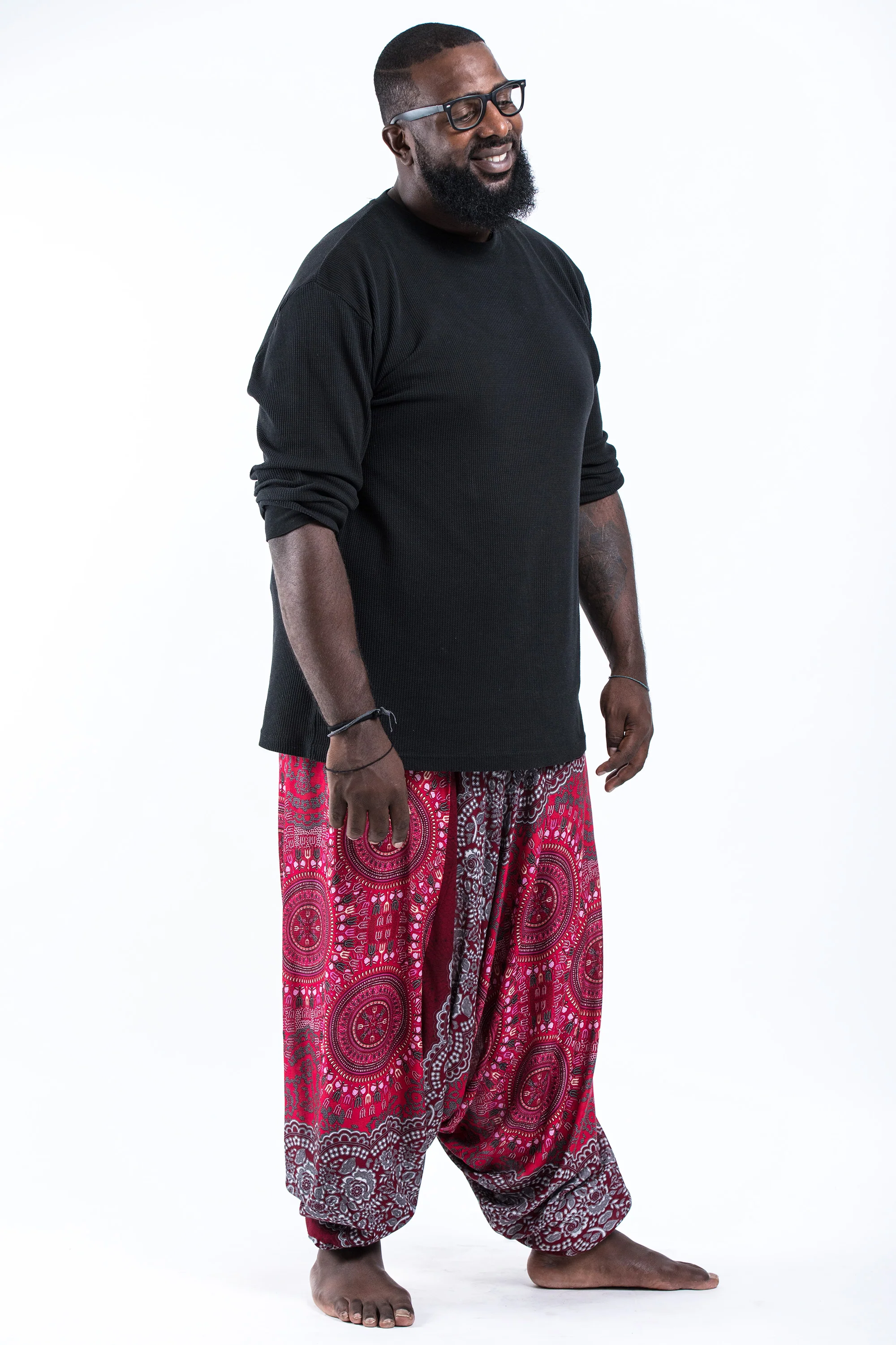 2678-Plus-Size-Trishula-Mandalas-Drop-Crotch-Men-s-Harem-Pants-in-Red-3.webp Plus Size Trishula Mandalas Drop Crotch Men's Harem Pants in Red