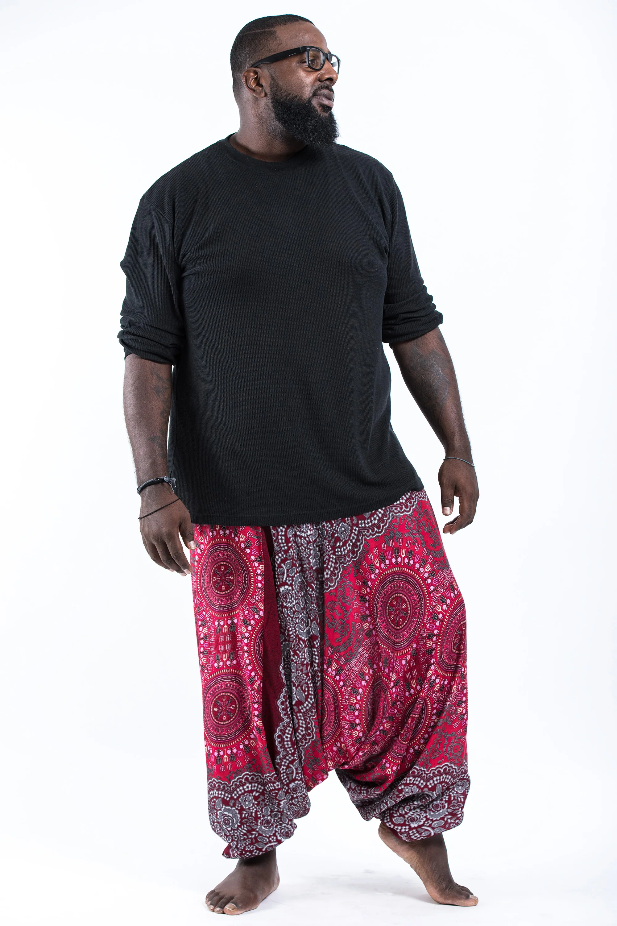 2678-Plus-Size-Trishula-Mandalas-Drop-Crotch-Men-s-Harem-Pants-in-Red-4.webp Plus Size Trishula Mandalas Drop Crotch Men's Harem Pants in Red