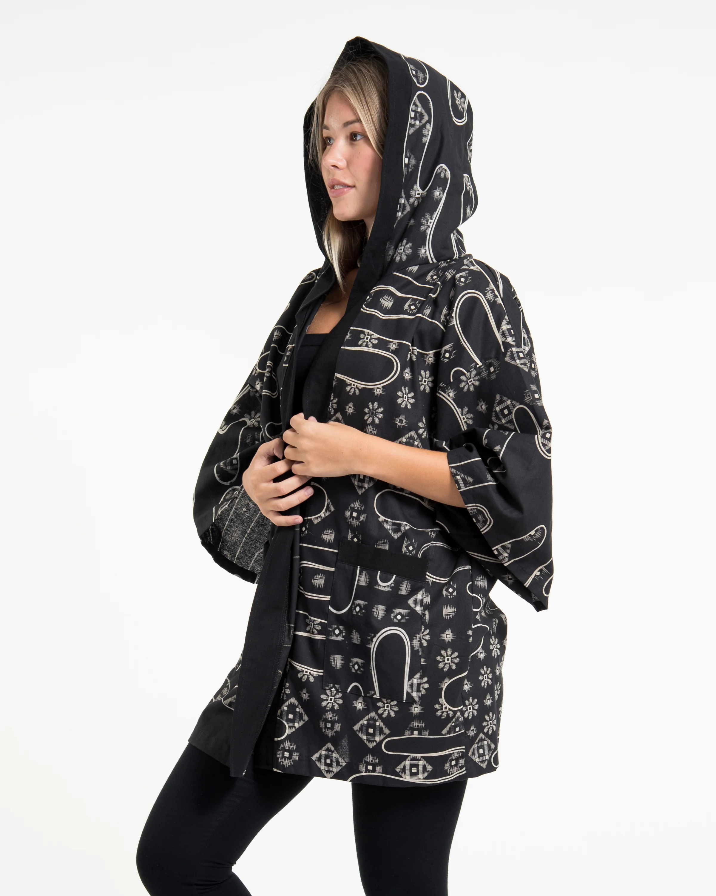 Japanese Print Cotton Hoodie Kimono Cardigan in Black