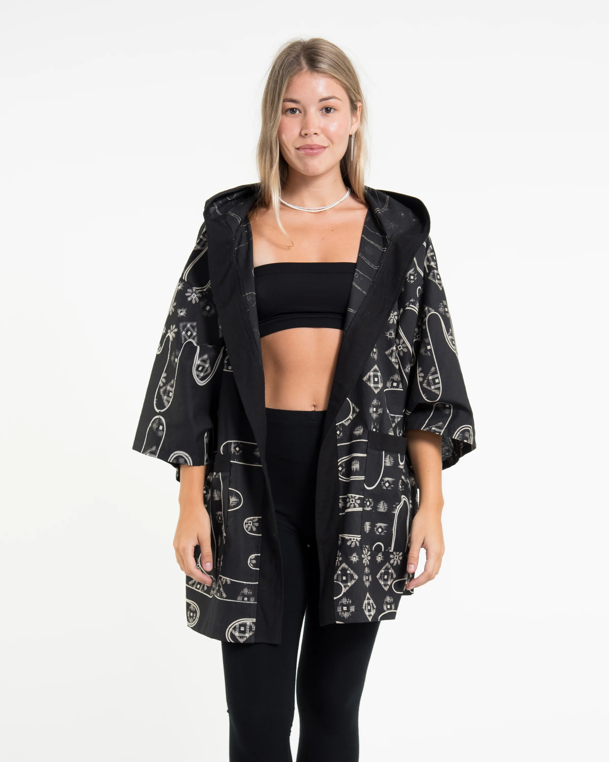 Japanese Print Cotton Hoodie Kimono Cardigan in Black