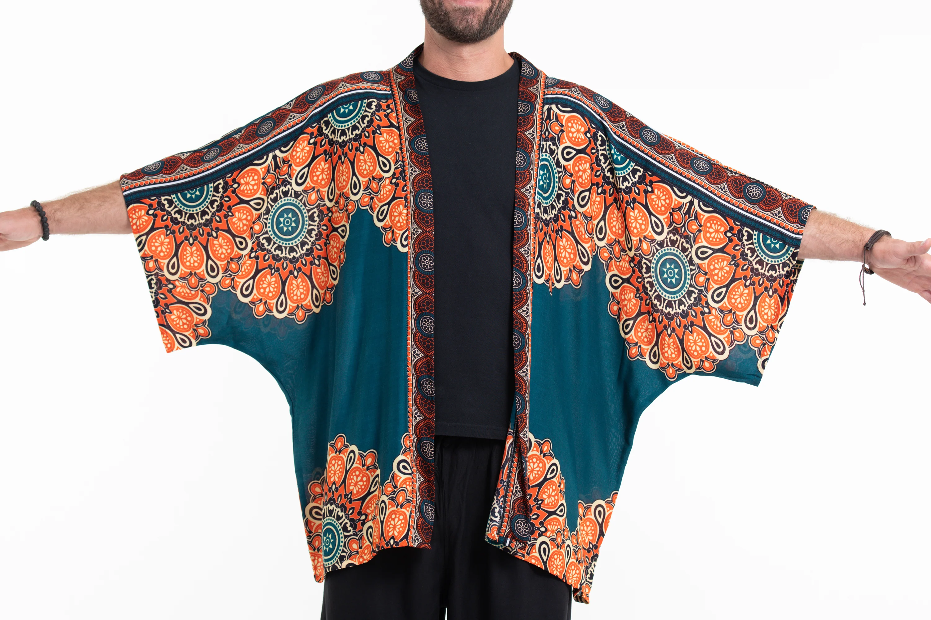 Peony Mandalas Kimono Cardigan in Teal