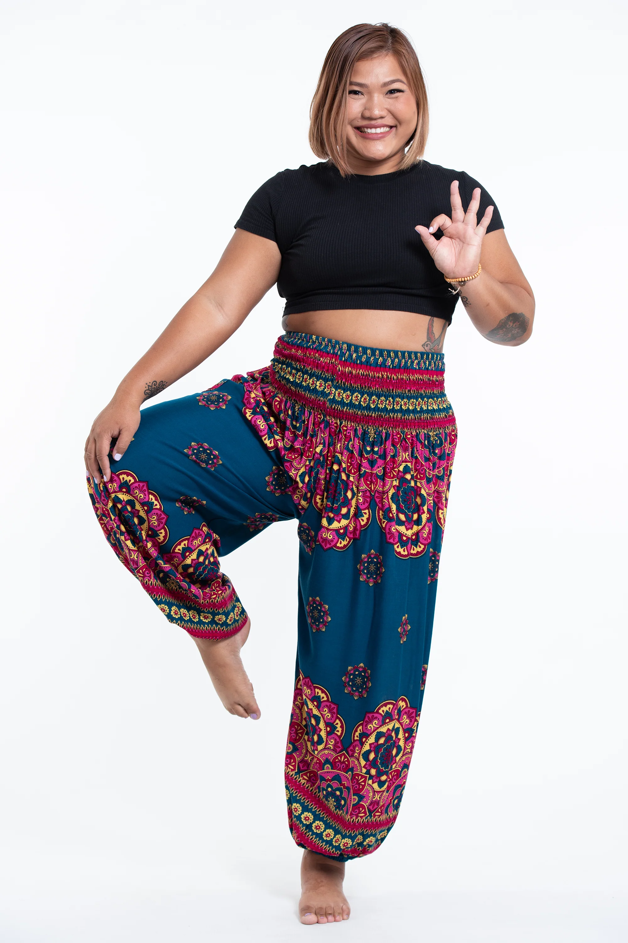 Plus Size Lotus Mandalas Women's Harem Pants in Turquoise
