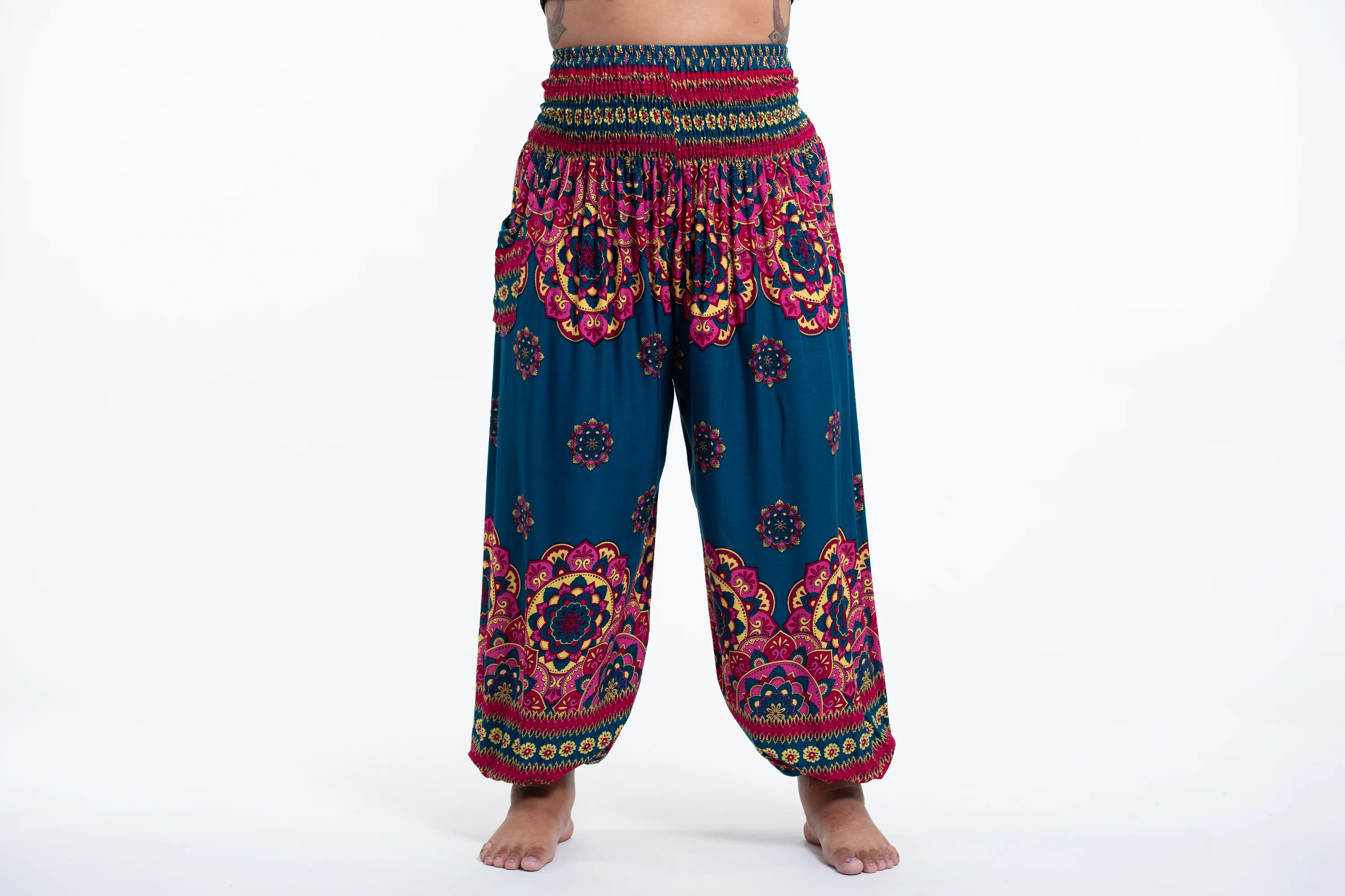 Plus Size Lotus Mandalas Women's Harem Pants in Turquoise