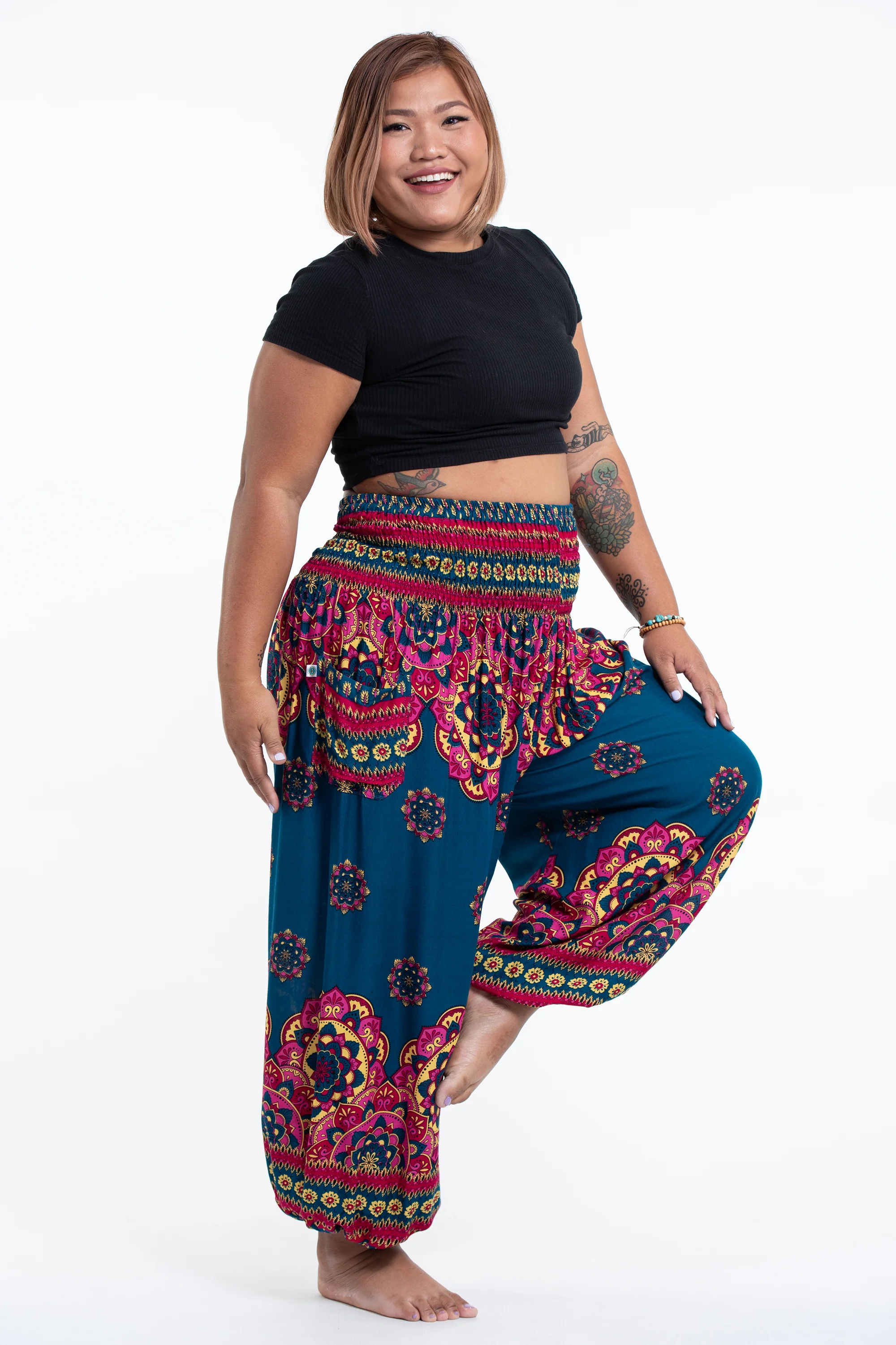 2690-Plus-Size-Lotus-Mandalas-Women-s-Harem-Pants-in-Turquoise-3.webp Plus Size Lotus Mandalas Women's Harem Pants in Turquoise