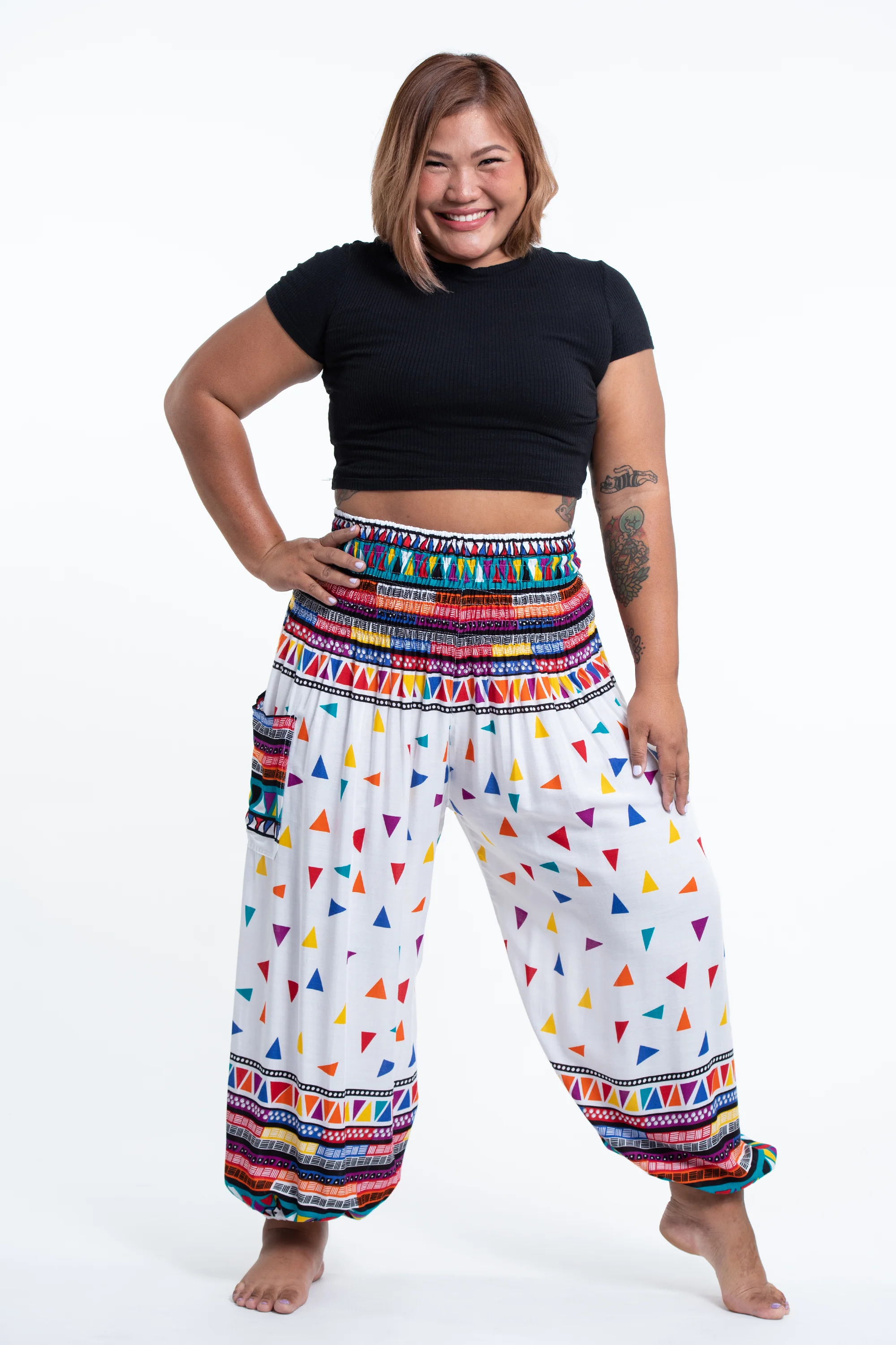 Plus Size Triangles Women's Harem Pants in White