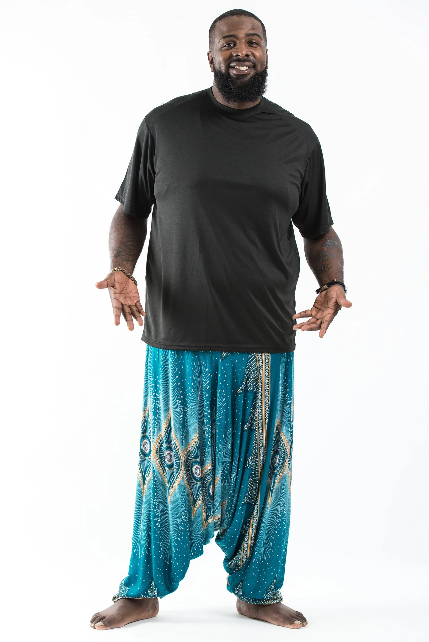 Plus Size Diamond Peacock Drop Crotch Men's Harem Pants in Turquoise