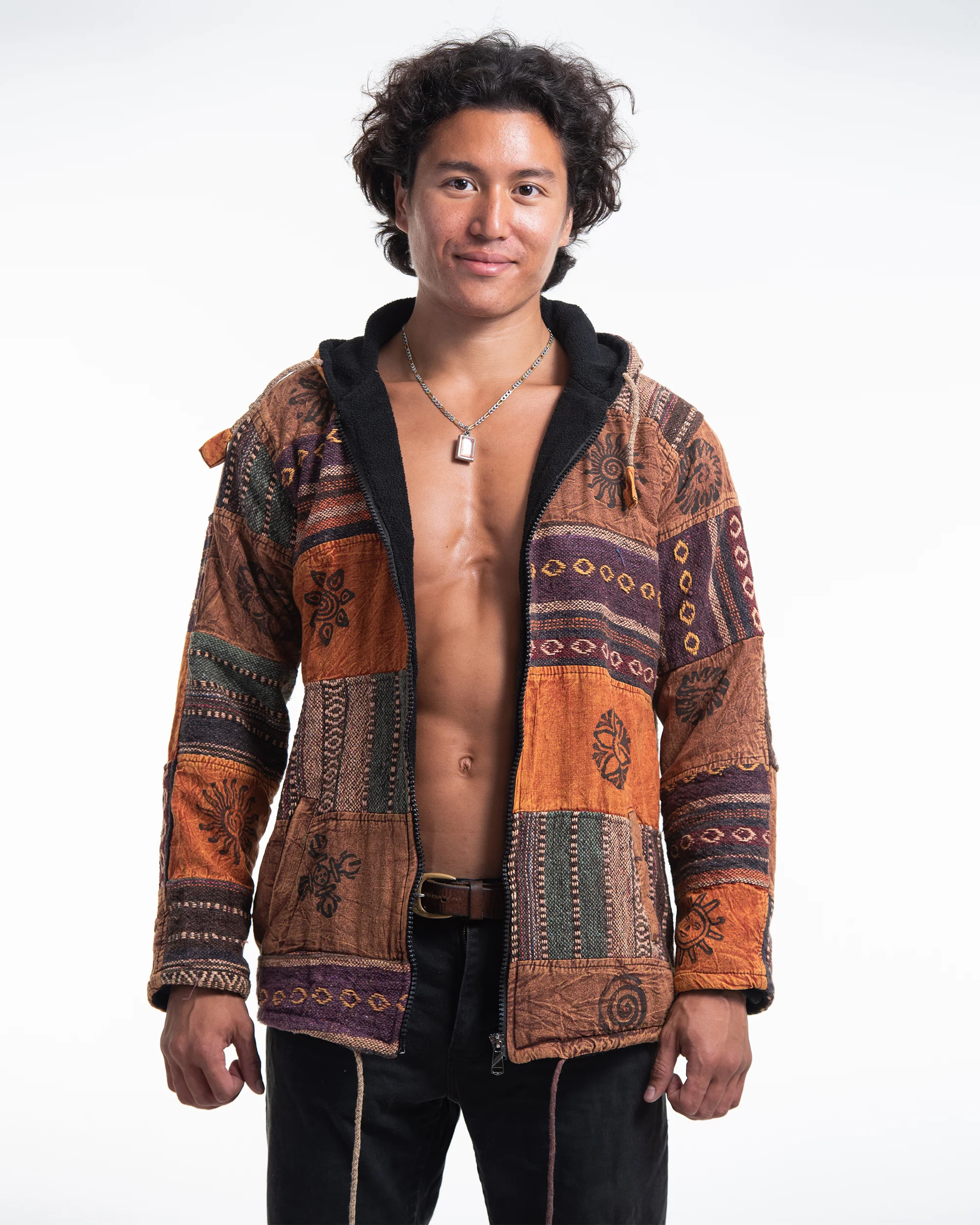 Patchwork Stone Washed Cotton Jacket in Brown 01