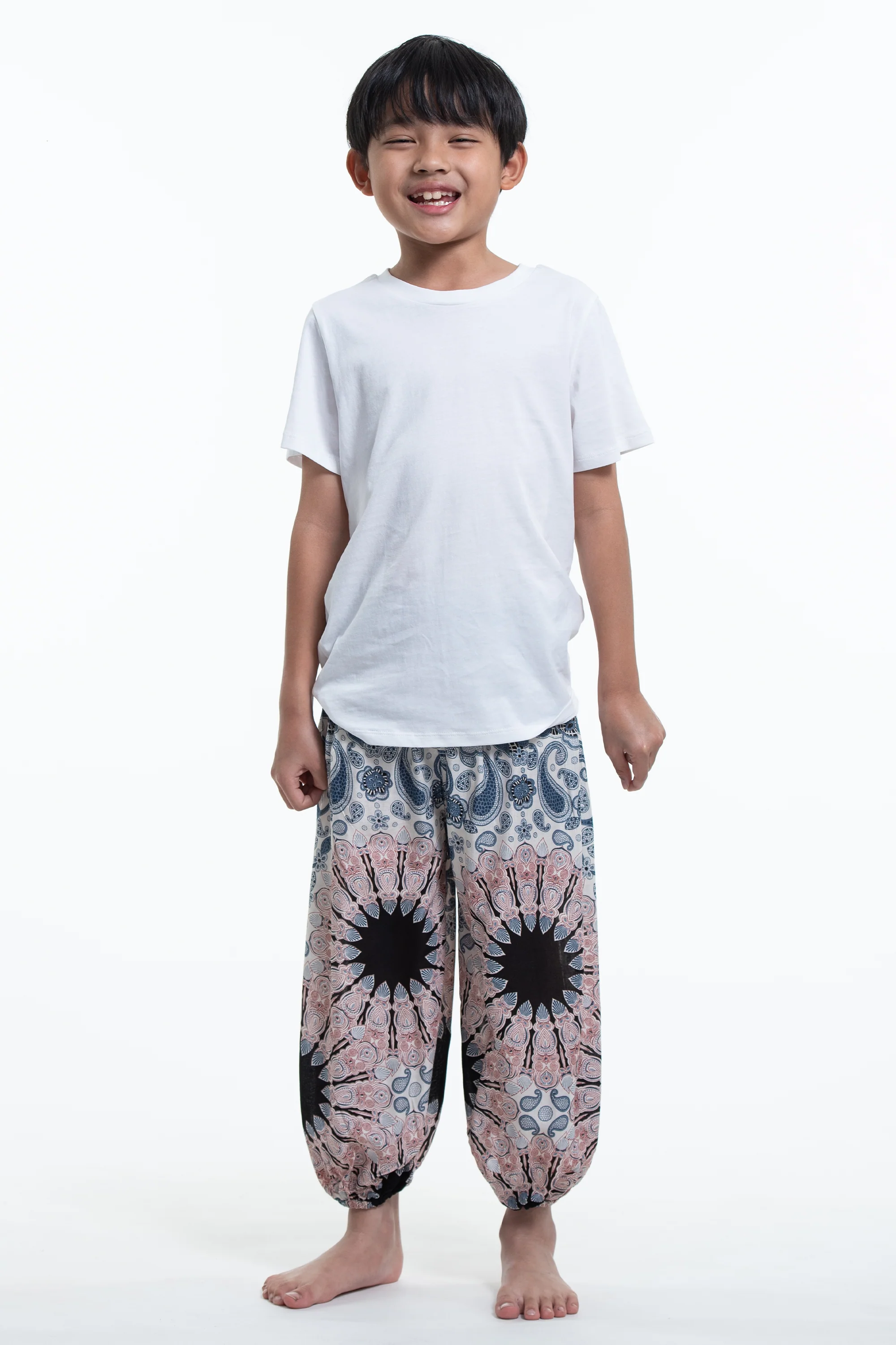 Paisley Mandalas Kids Harem Pants in Silver Gray