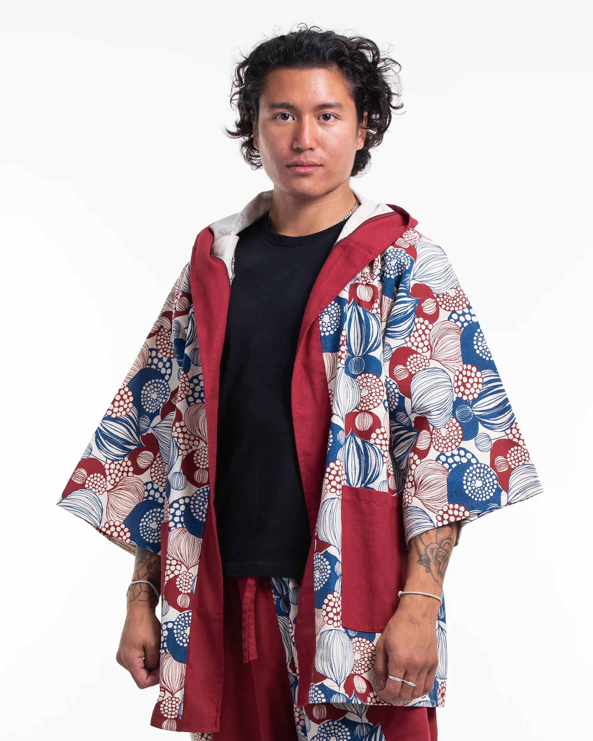 2705-Leaves-Print-Cotton-Hoodie-Kimono-Cardigan-in-Red-3.webp Leaves Print Cotton Hoodie Kimono Cardigan in Red
