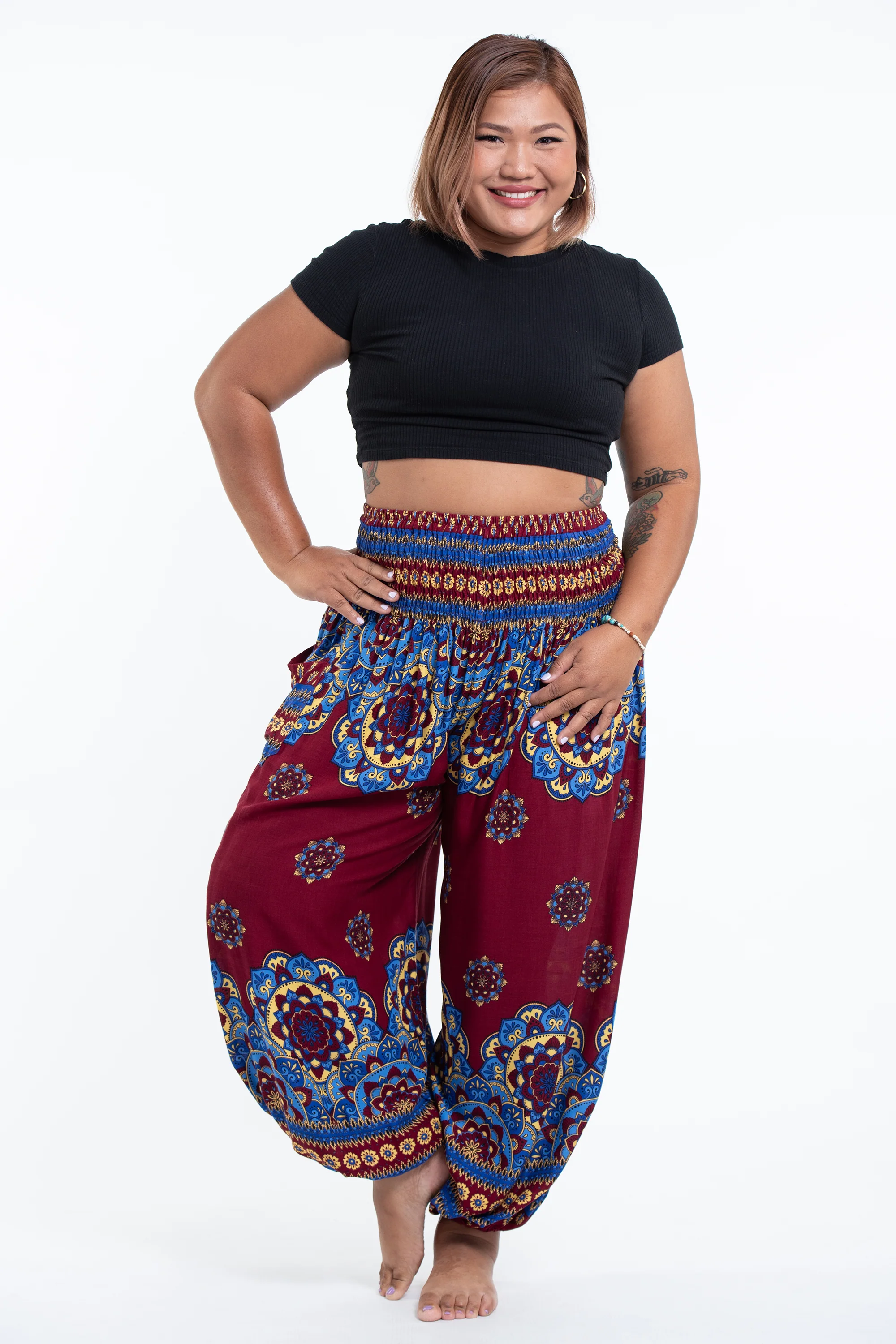 Plus Size Lotus Mandalas Women's Harem Pants in Red