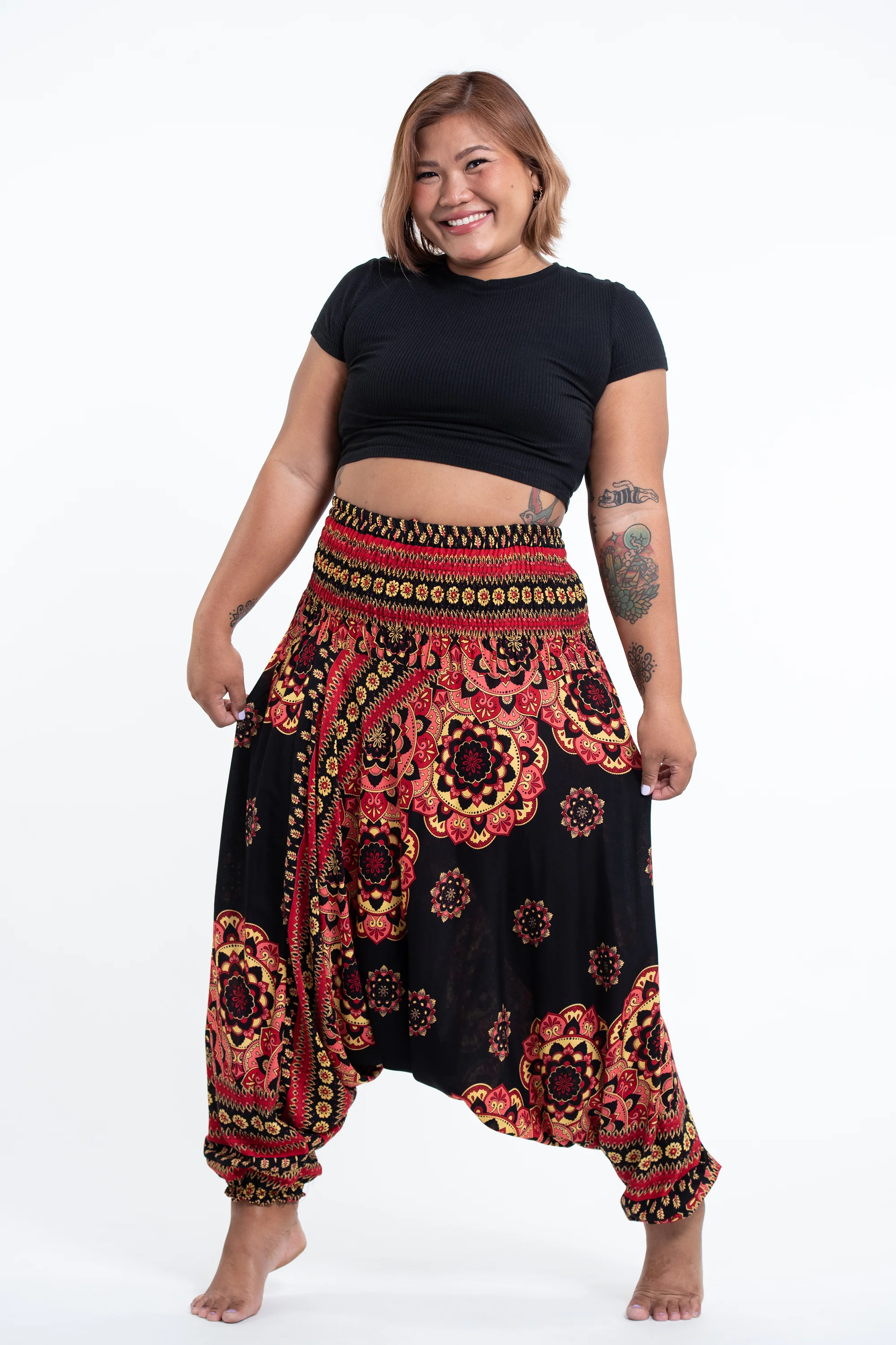 Plus Size Lotus Mandalas 2-in-1 Jumpsuit Harem Pants in Black