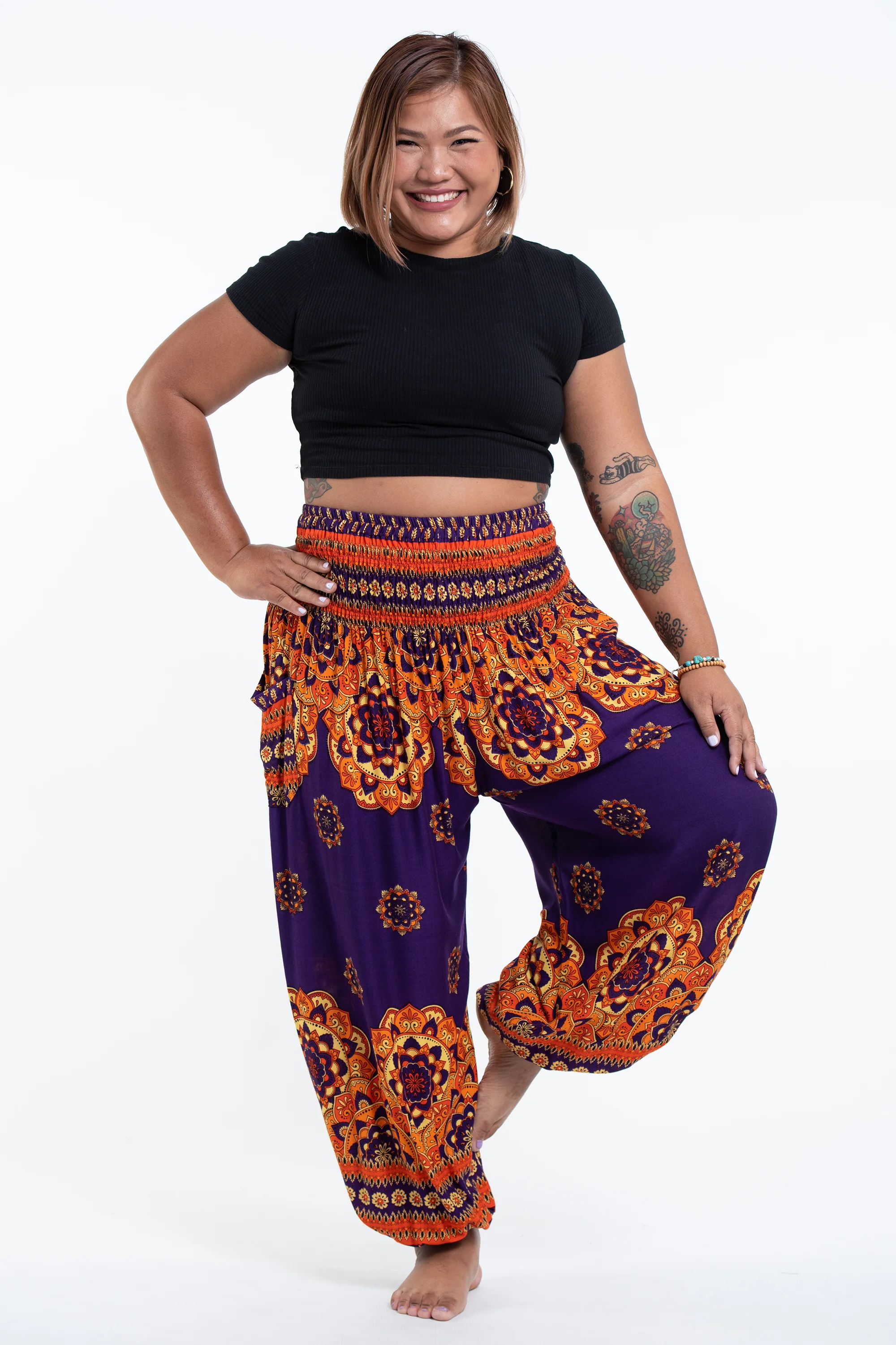Plus Size Lotus Mandalas Women's Harem Pants in Purple