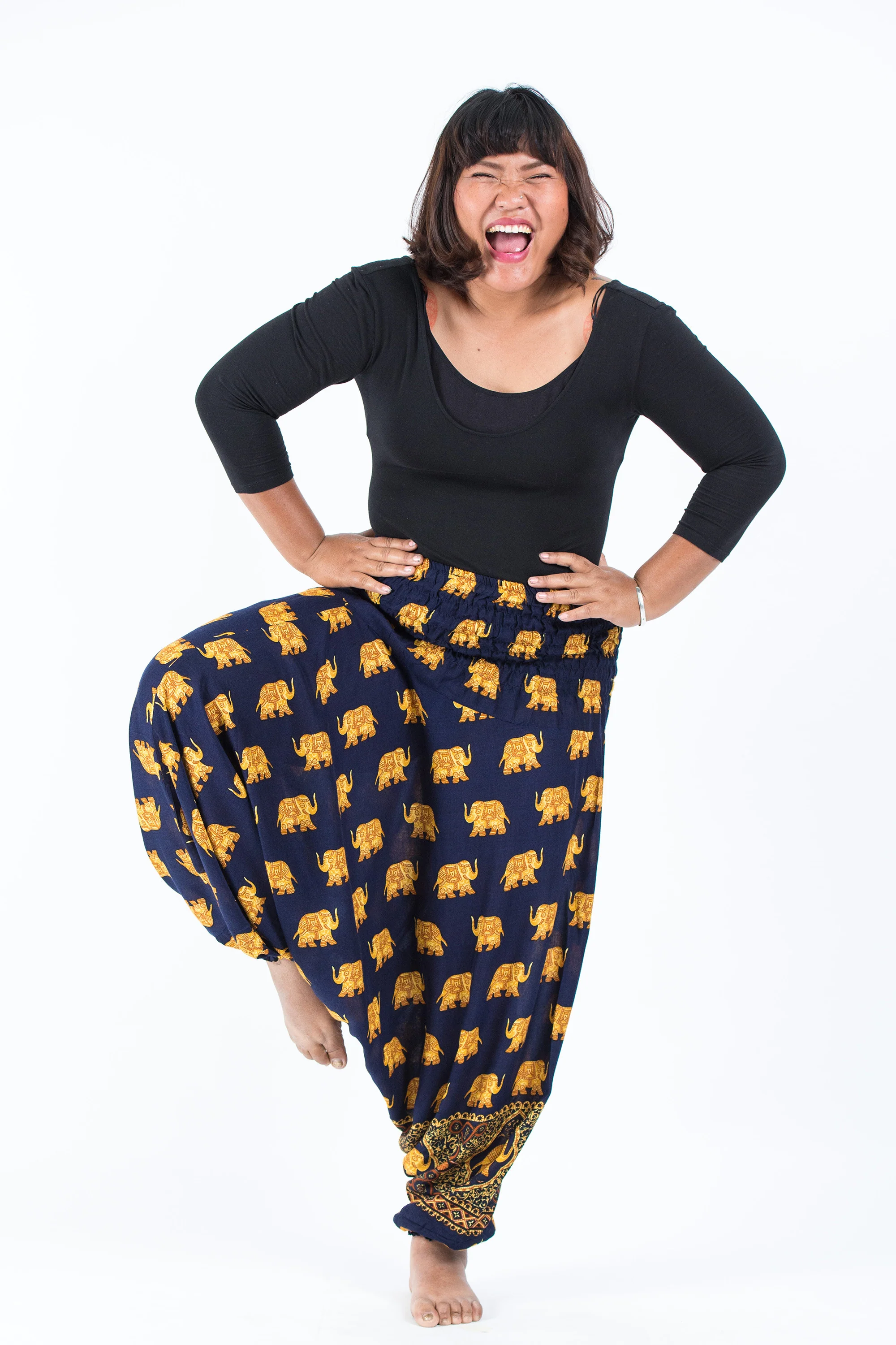 Plus Size Golden Elephant 2-in-1 Jumpsuit Elephant Pants in Navy