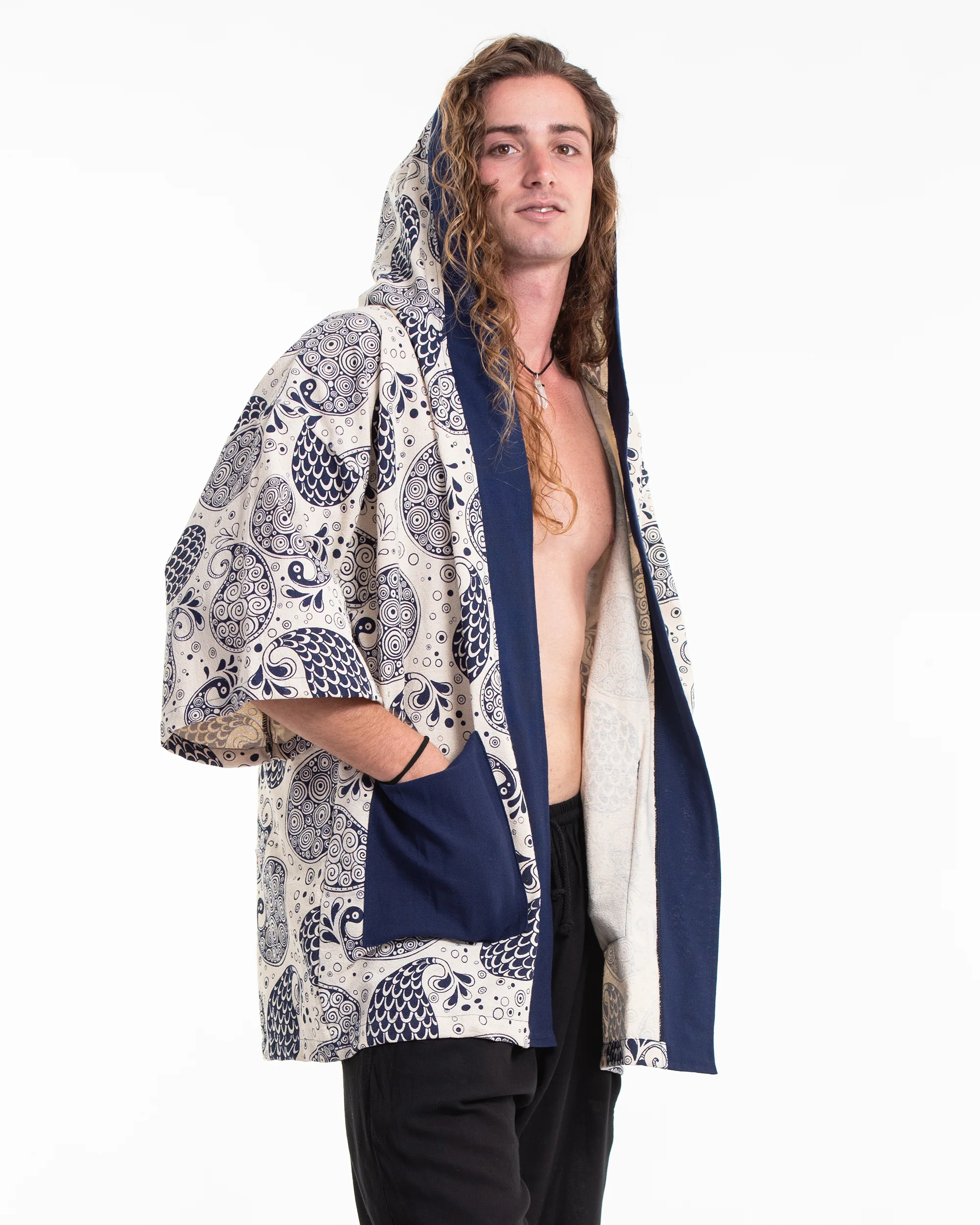 Paisley Print Cotton Hoodie Kimono Cardigan in Blue