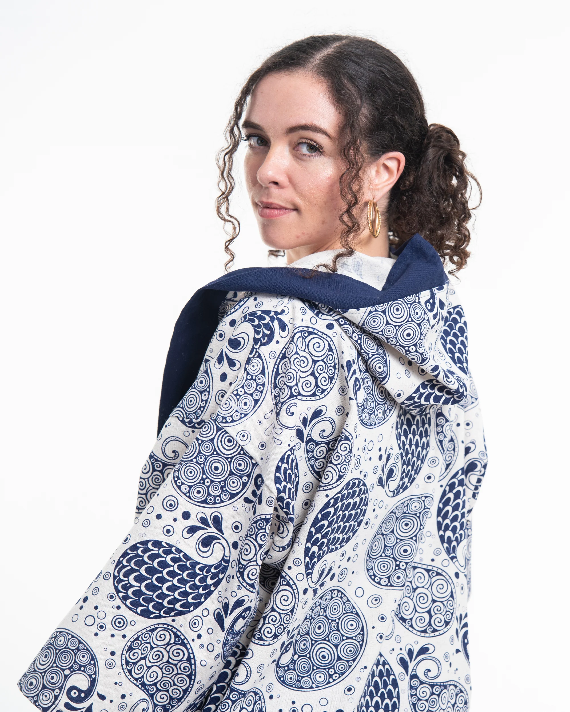 Paisley Print Cotton Hoodie Kimono Cardigan in Blue