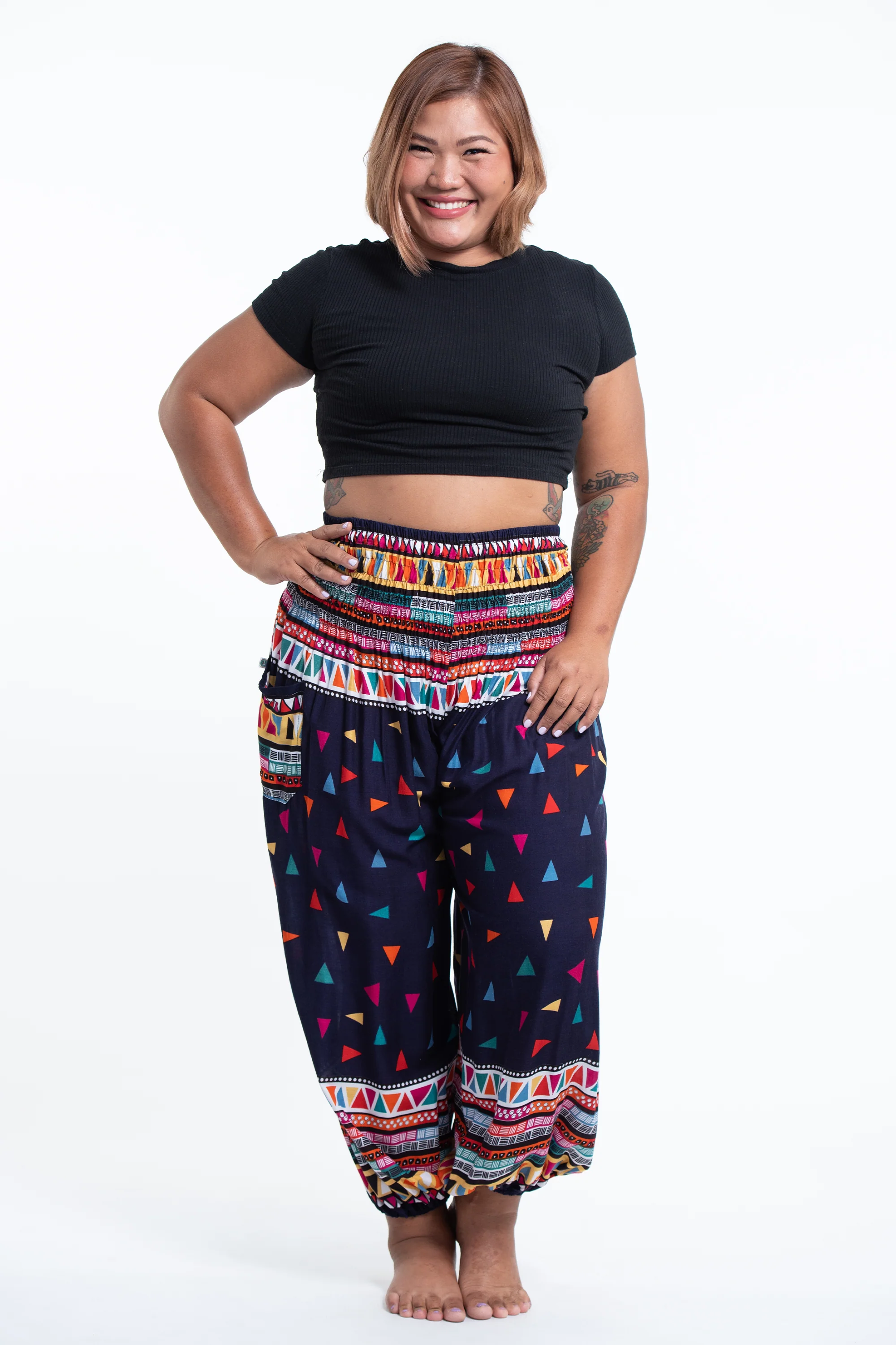 Plus Size Triangles Women's Harem Pants in Navy