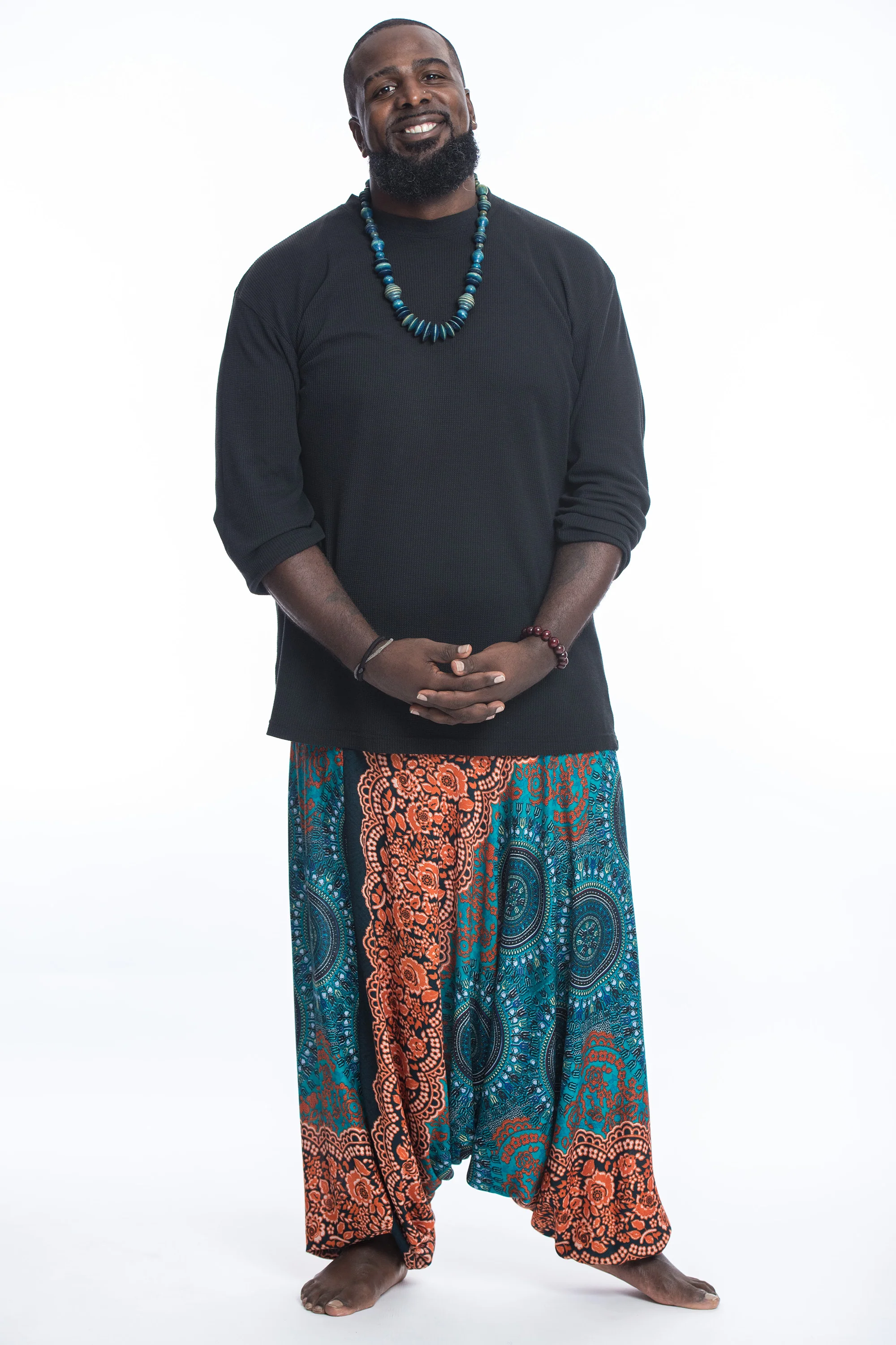 Plus Size Trishula Mandalas Drop Crotch Men's Harem Pants in Teal