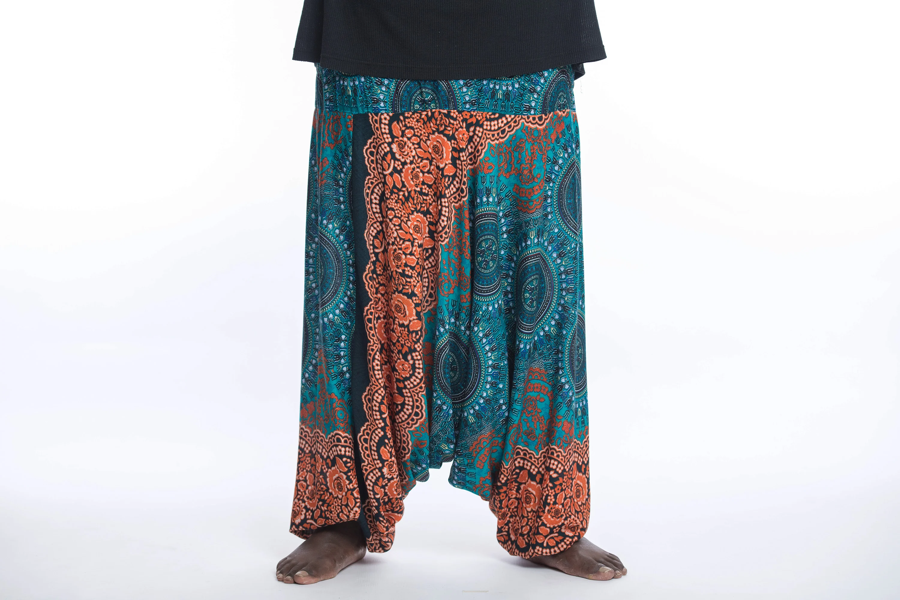 Plus Size Trishula Mandalas Drop Crotch Men's Harem Pants in Teal