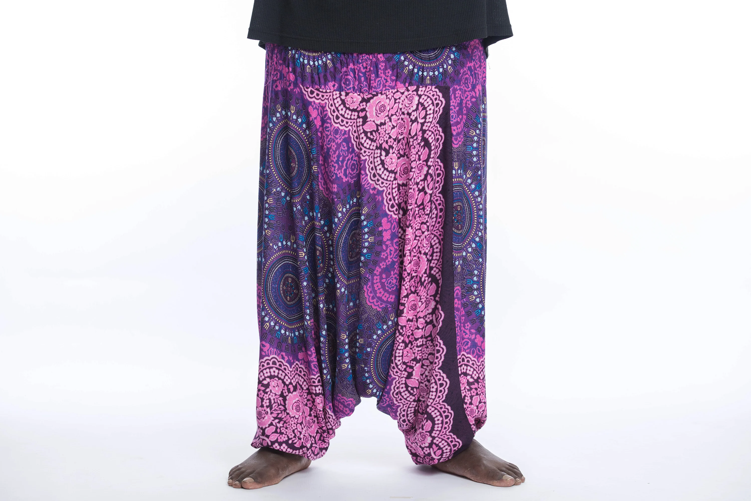 Plus Size Trishula Mandalas Drop Crotch Men's Harem Pants in Pink