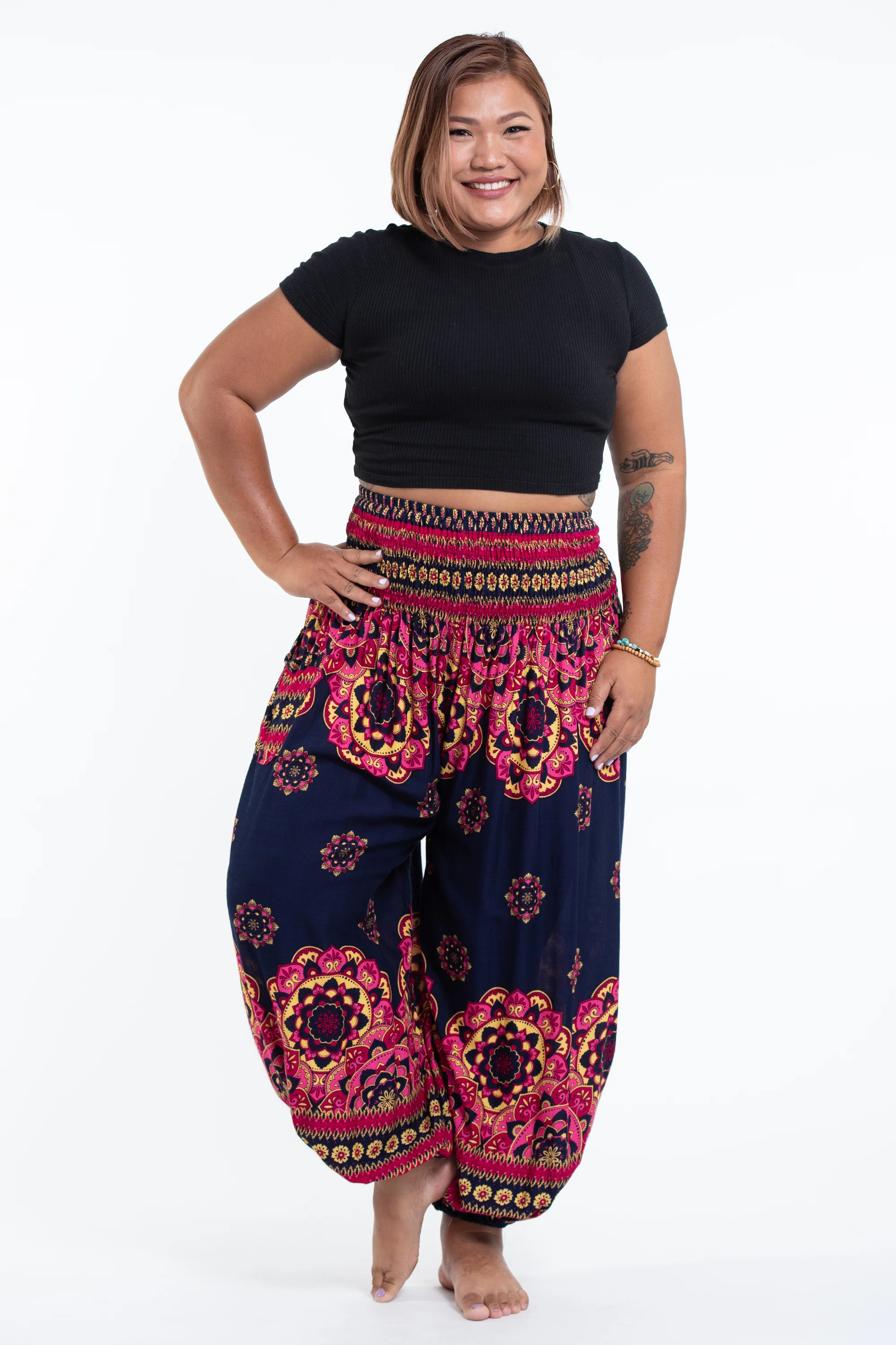 Plus Size Lotus Mandalas Women's Harem Pants in Navy