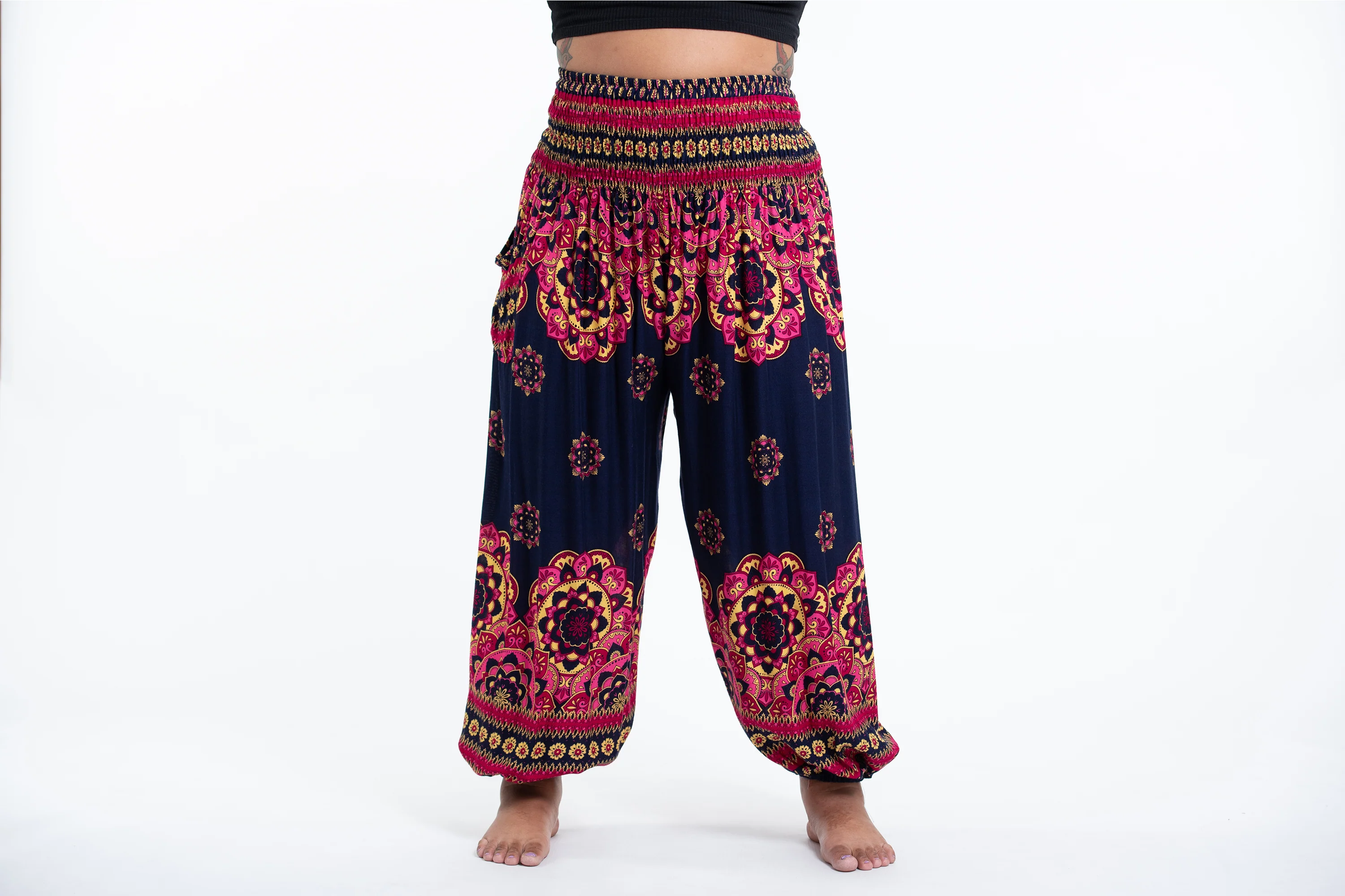 Plus Size Lotus Mandalas Women's Harem Pants in Navy