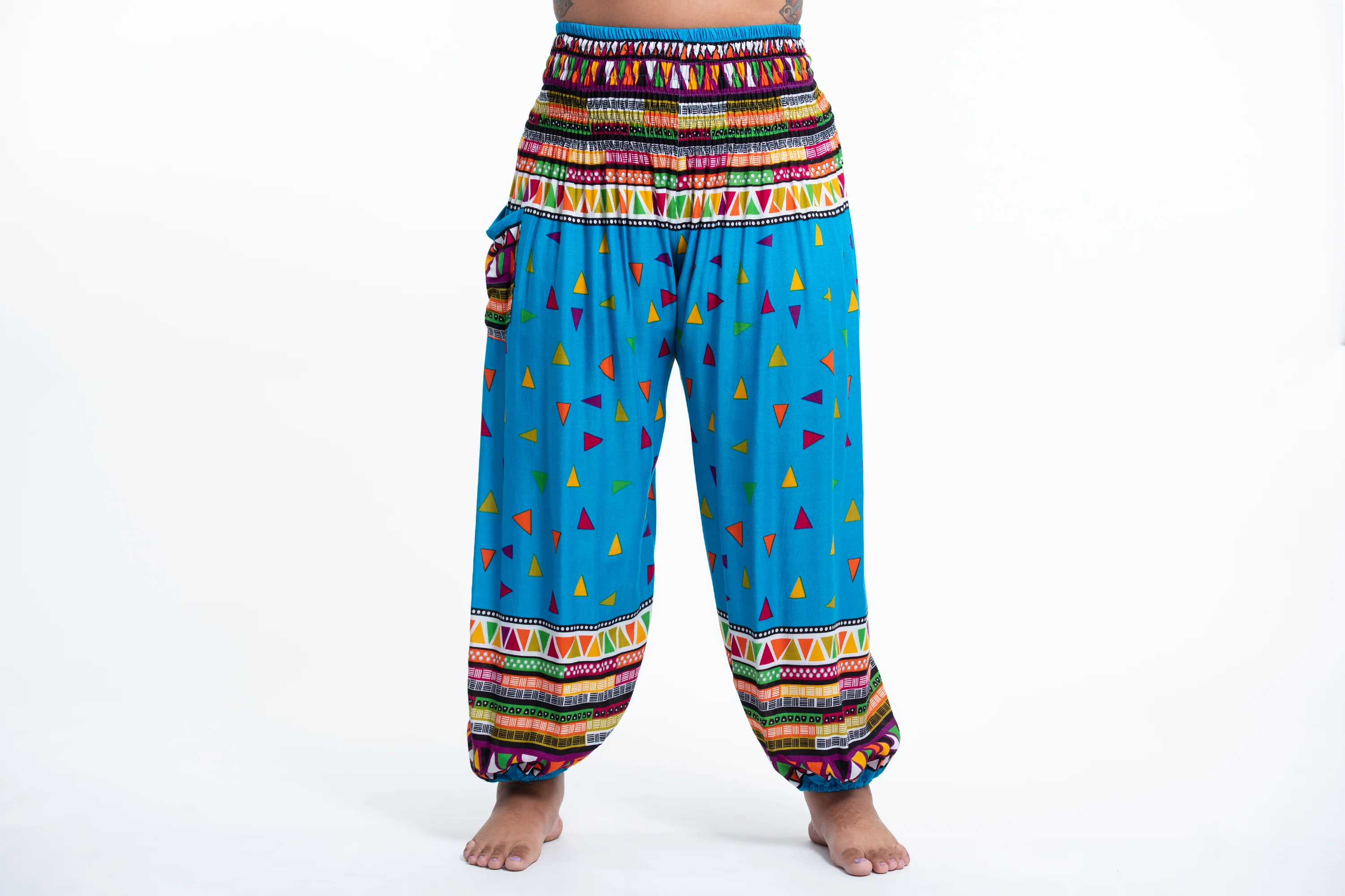 Plus Size Triangles Women's Harem Pants in Ocean Blue