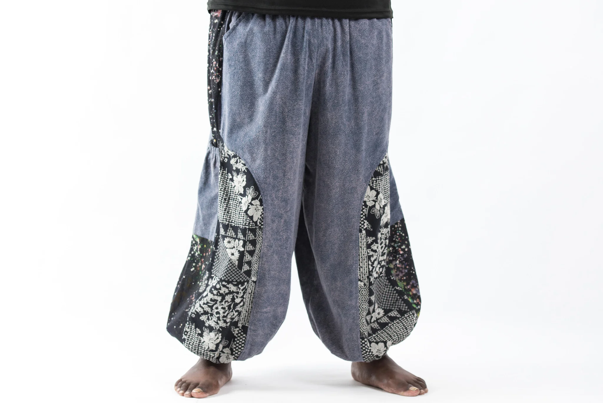 Plus Size Stone Washed Patchwork Men Unisex Pants in Gray