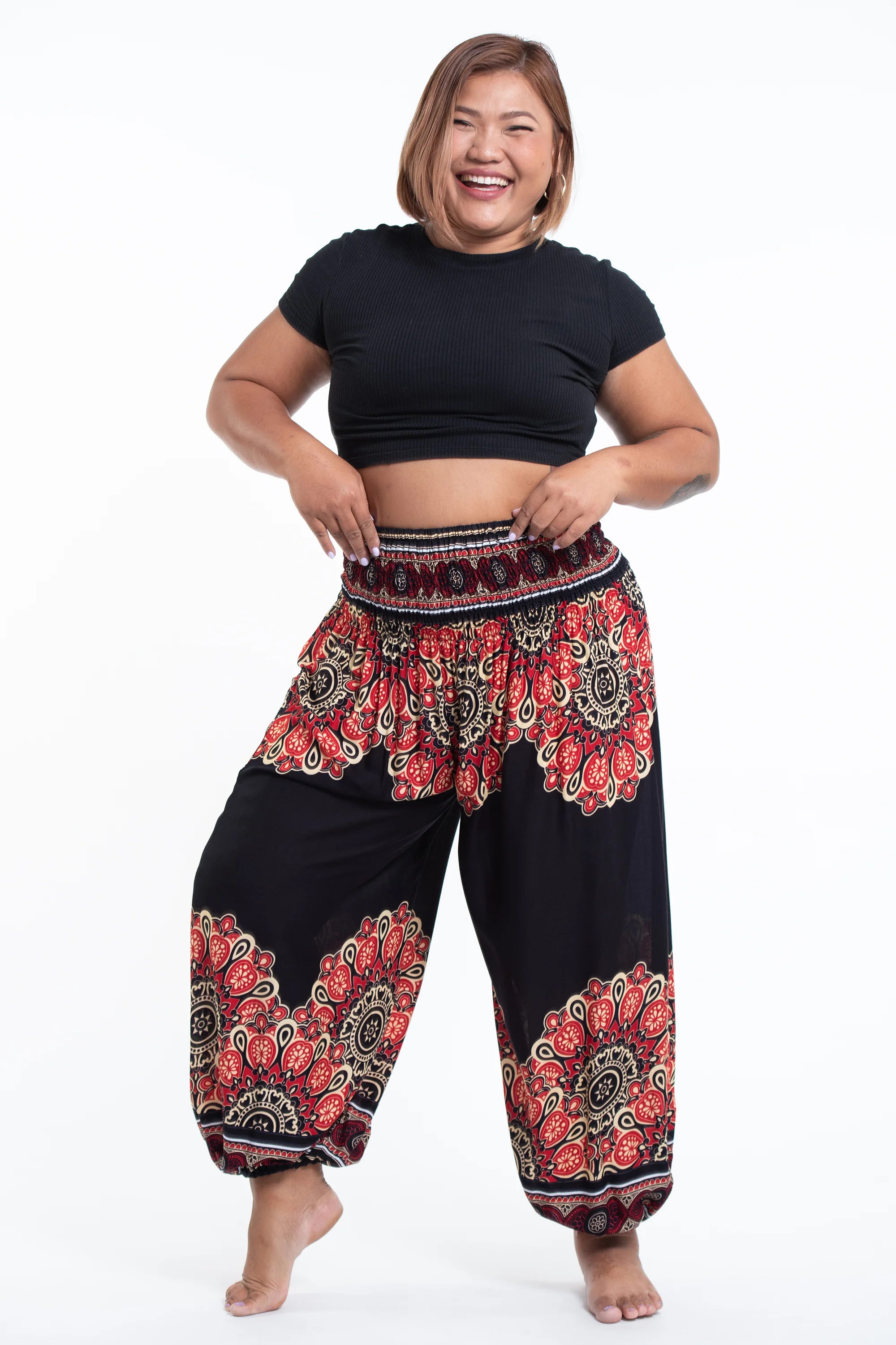 Plus Size Peony Mandalas Women's Harem Pants in Black