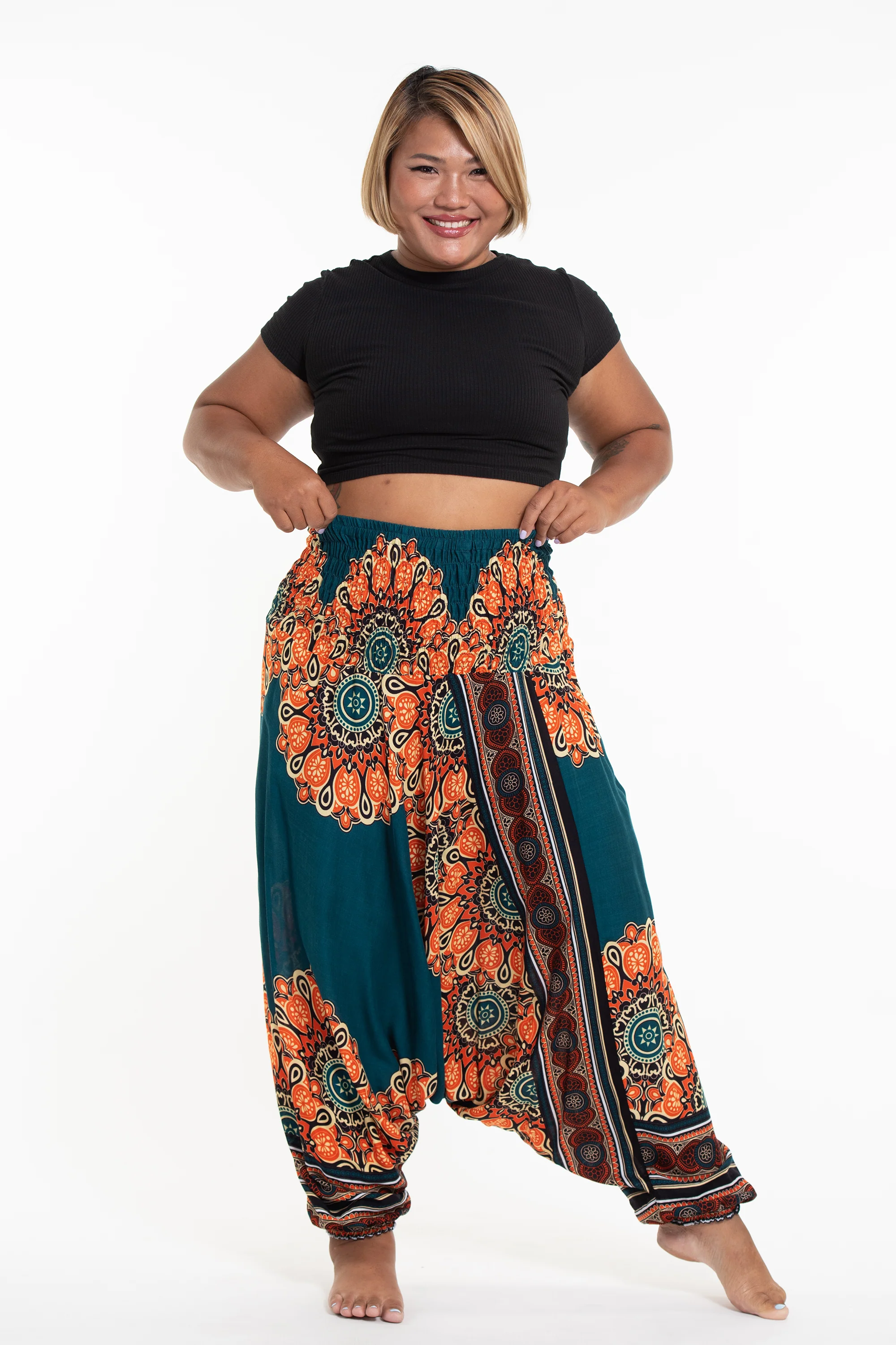Plus Size Peony Mandalas 2-in-1 Jumpsuit Harem Pants in Teal