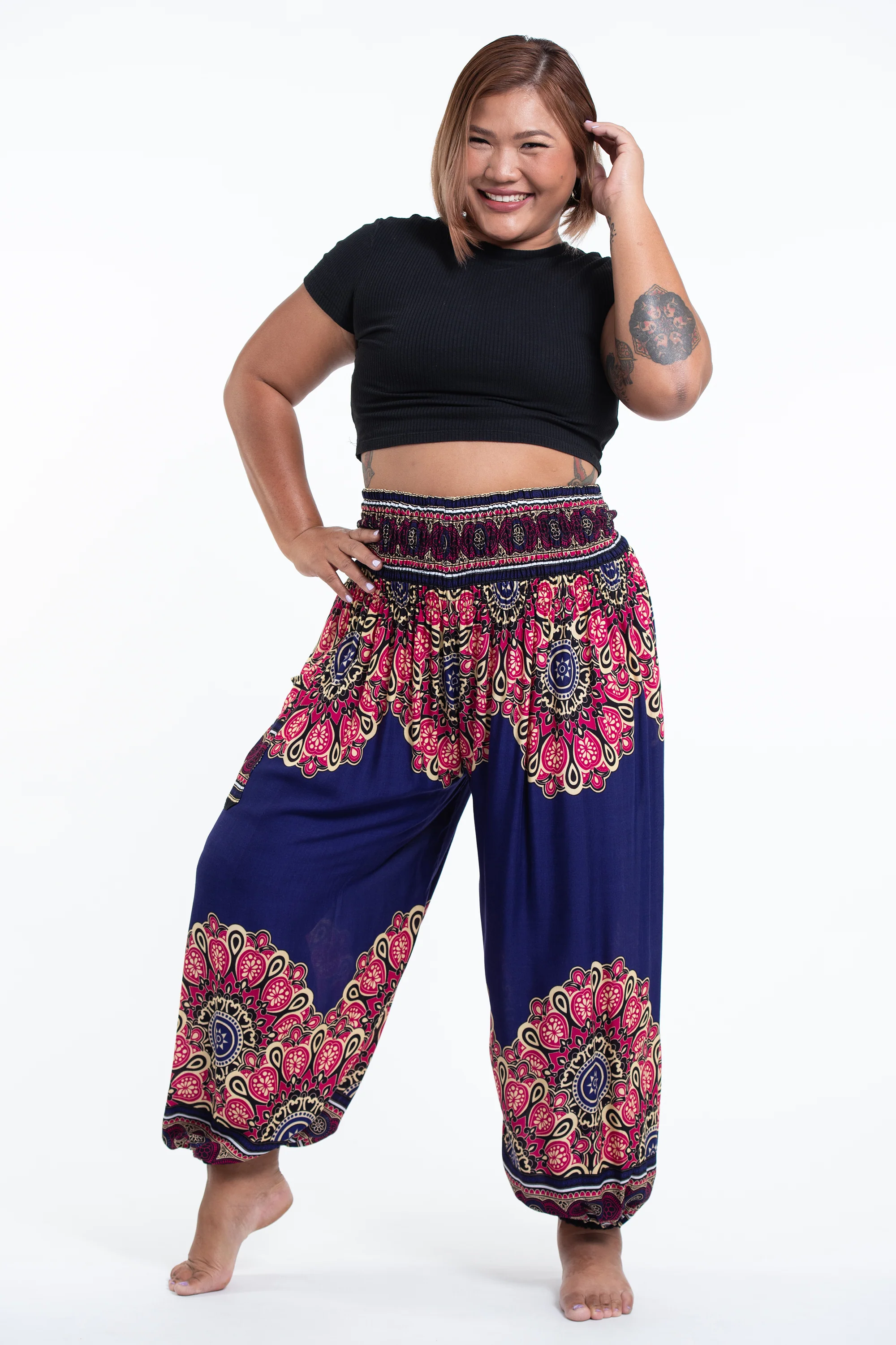 Plus Size Peony Mandalas Women's Harem Pants in Indigo