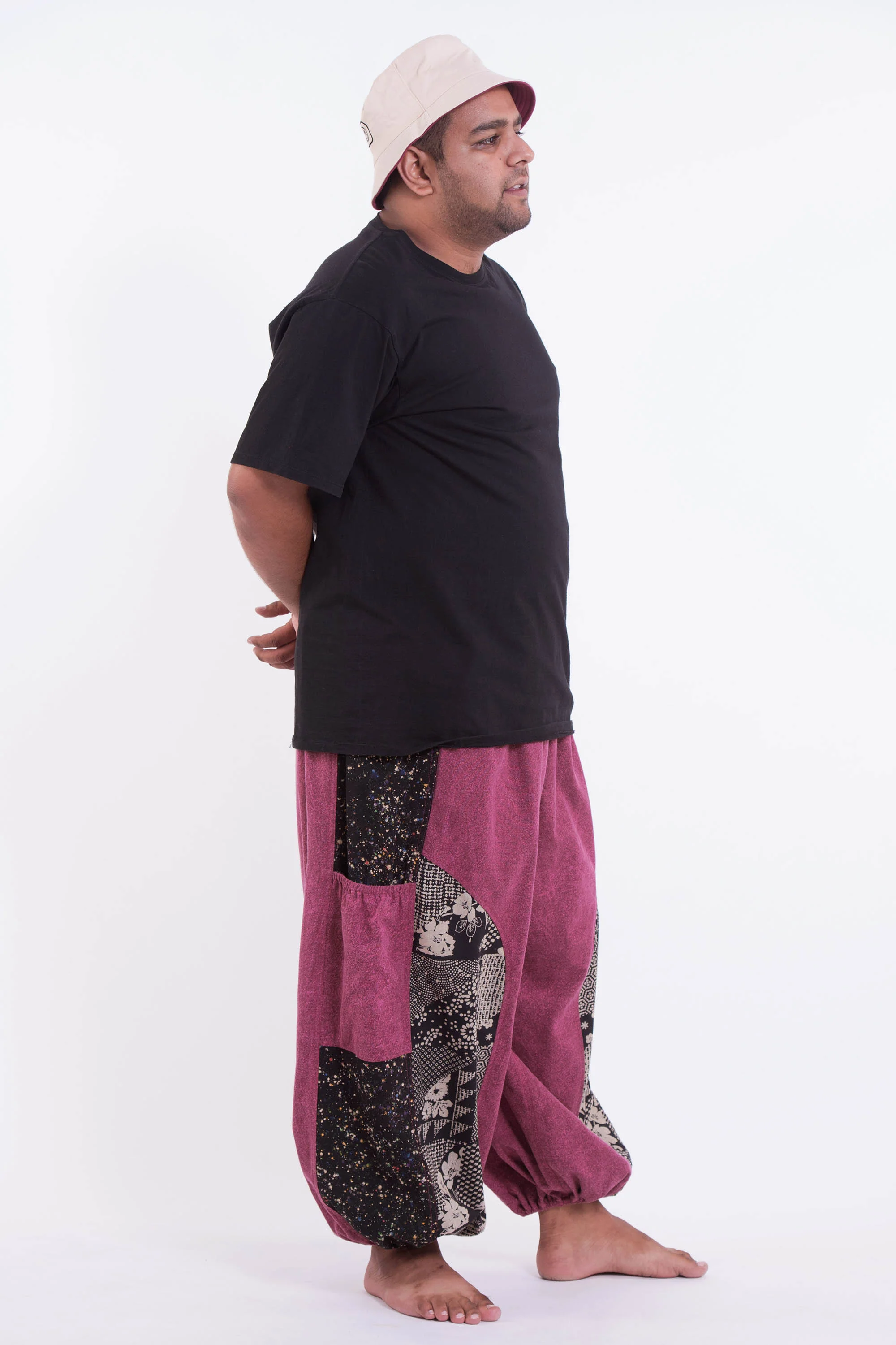 Plus Size Stone Washed Patchwork Men Unisex Pants in Magenta