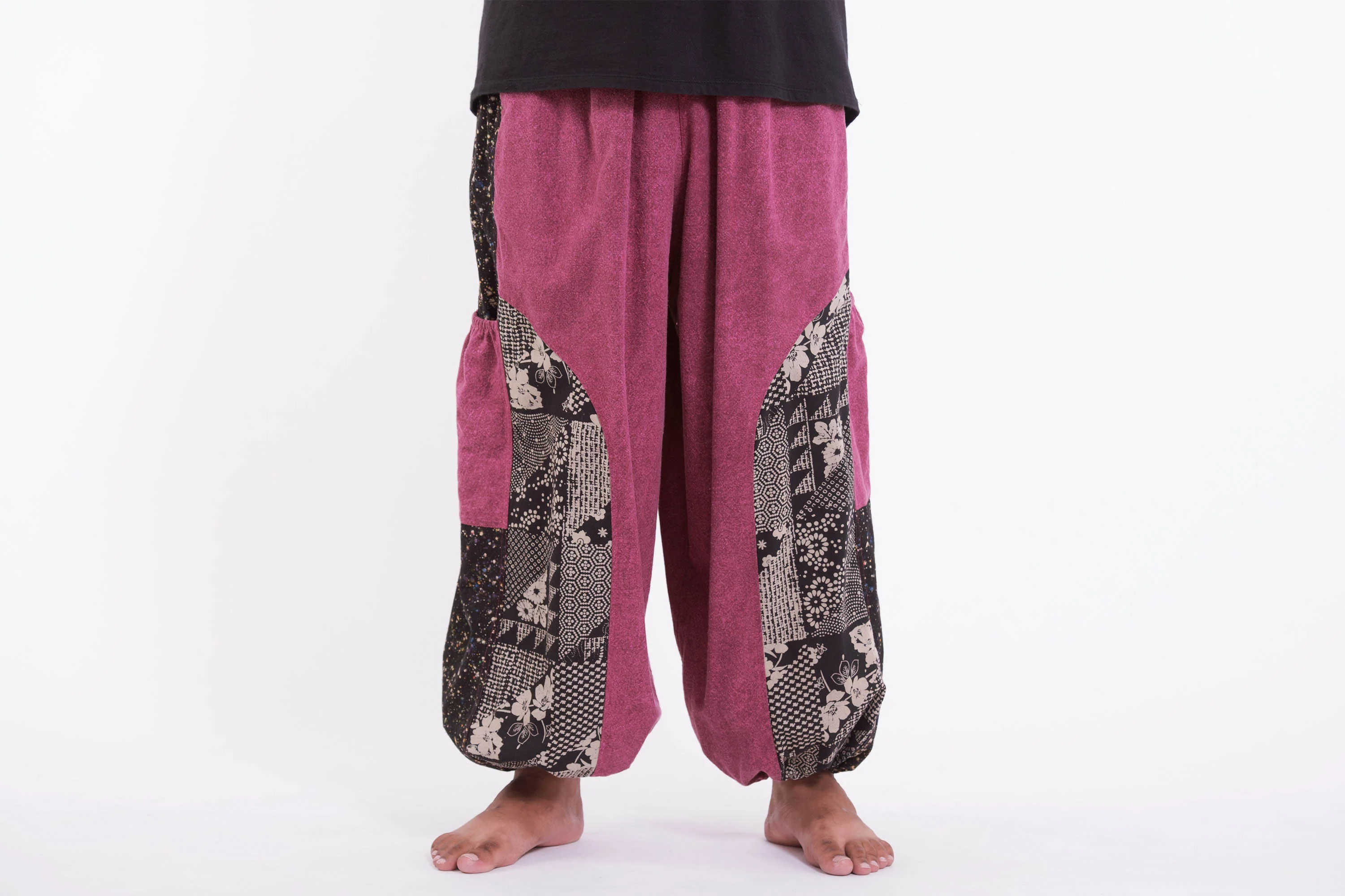 Plus Size Stone Washed Patchwork Men Unisex Pants in Magenta