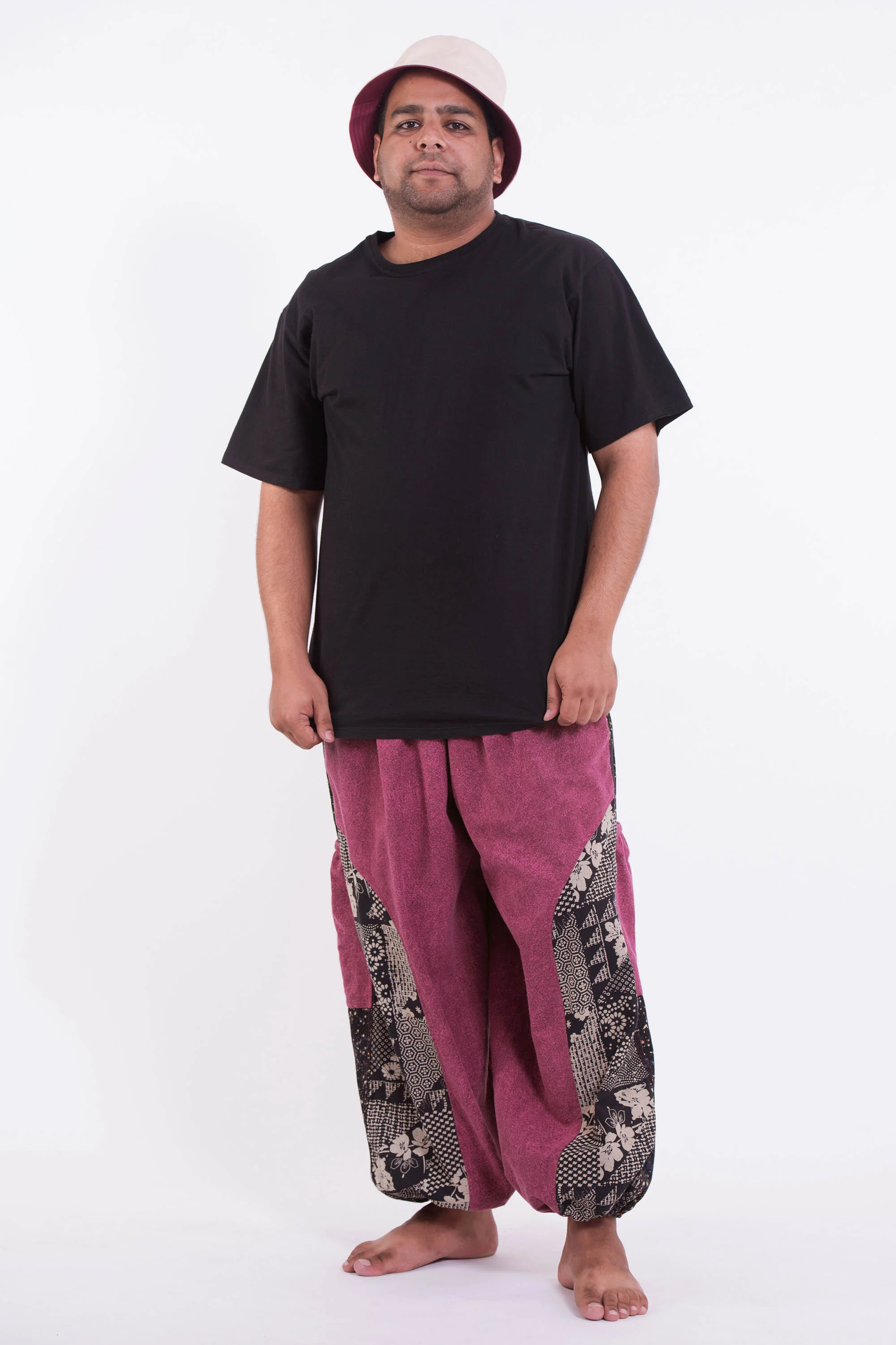 2734-Plus-Size-Stone-Washed-Patchwork-Men-Unisex-Pants-in-Magenta-3.webp Plus Size Stone Washed Patchwork Men Unisex Pants in Magenta