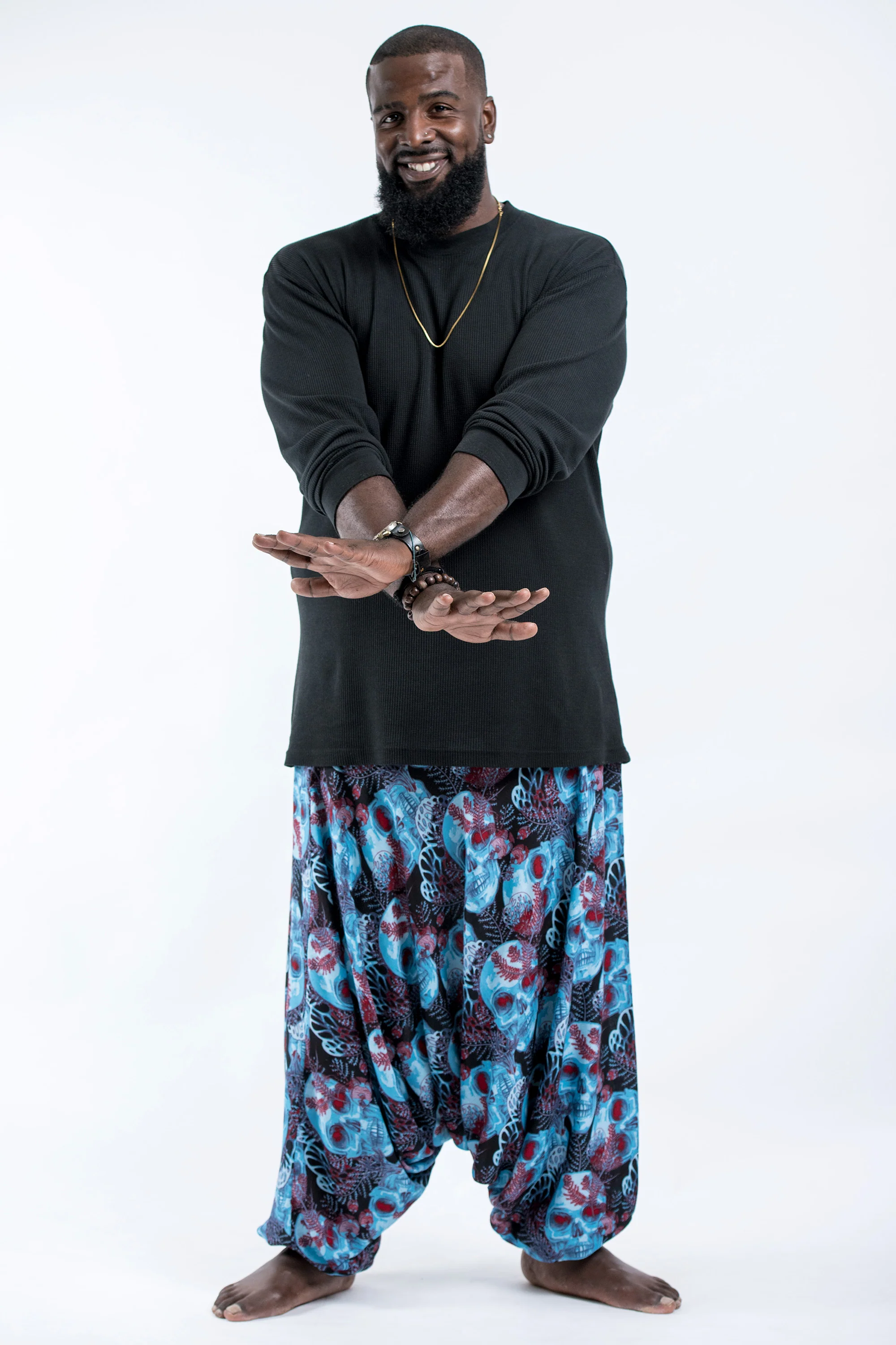 Plus Size Skulls Drop Crotch Men's Harem Pants in Black Blue