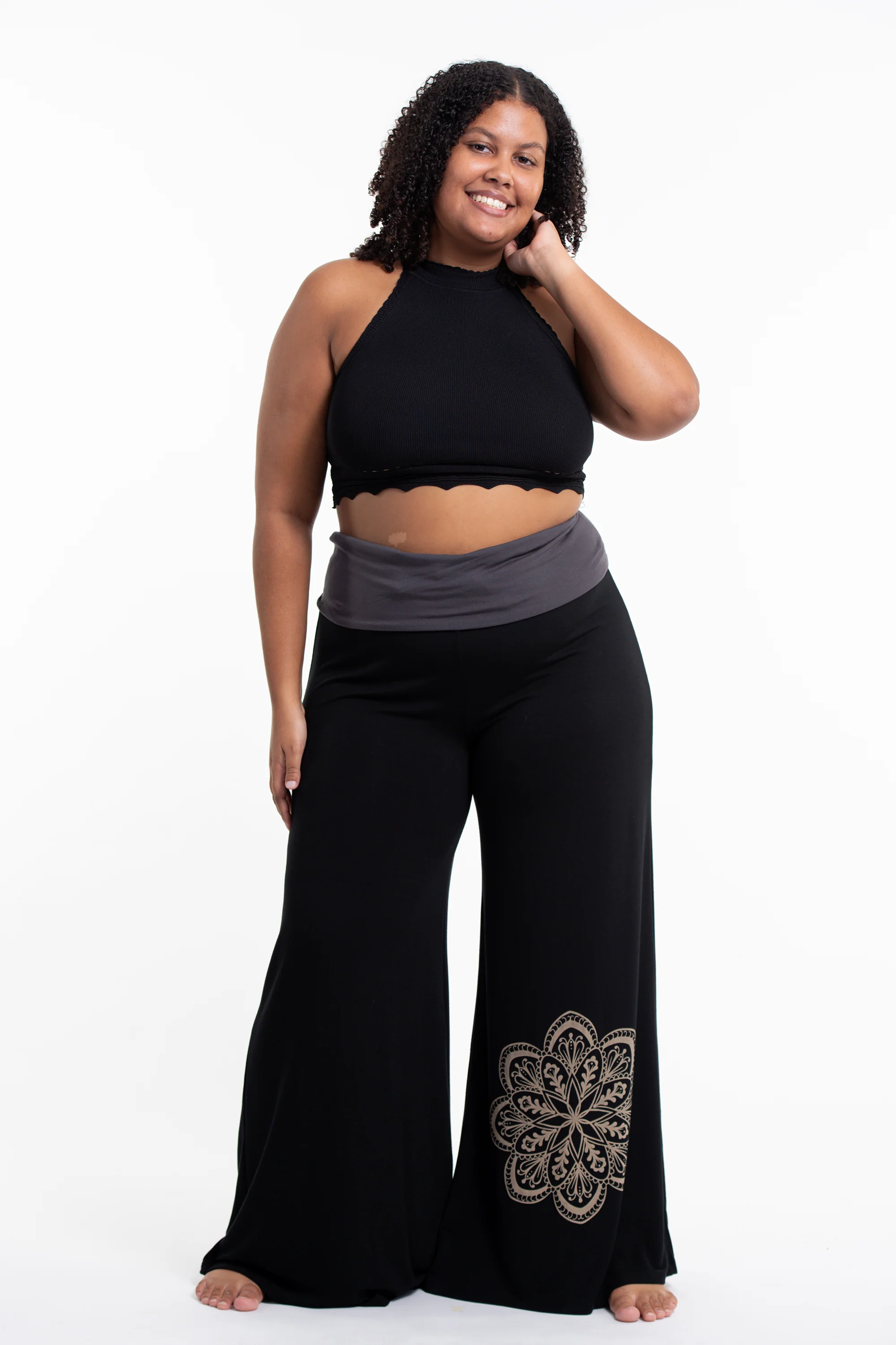 Plus Size Mandala Print Wide Leg Palazzo Harem Pants Cotton Spandex in Black