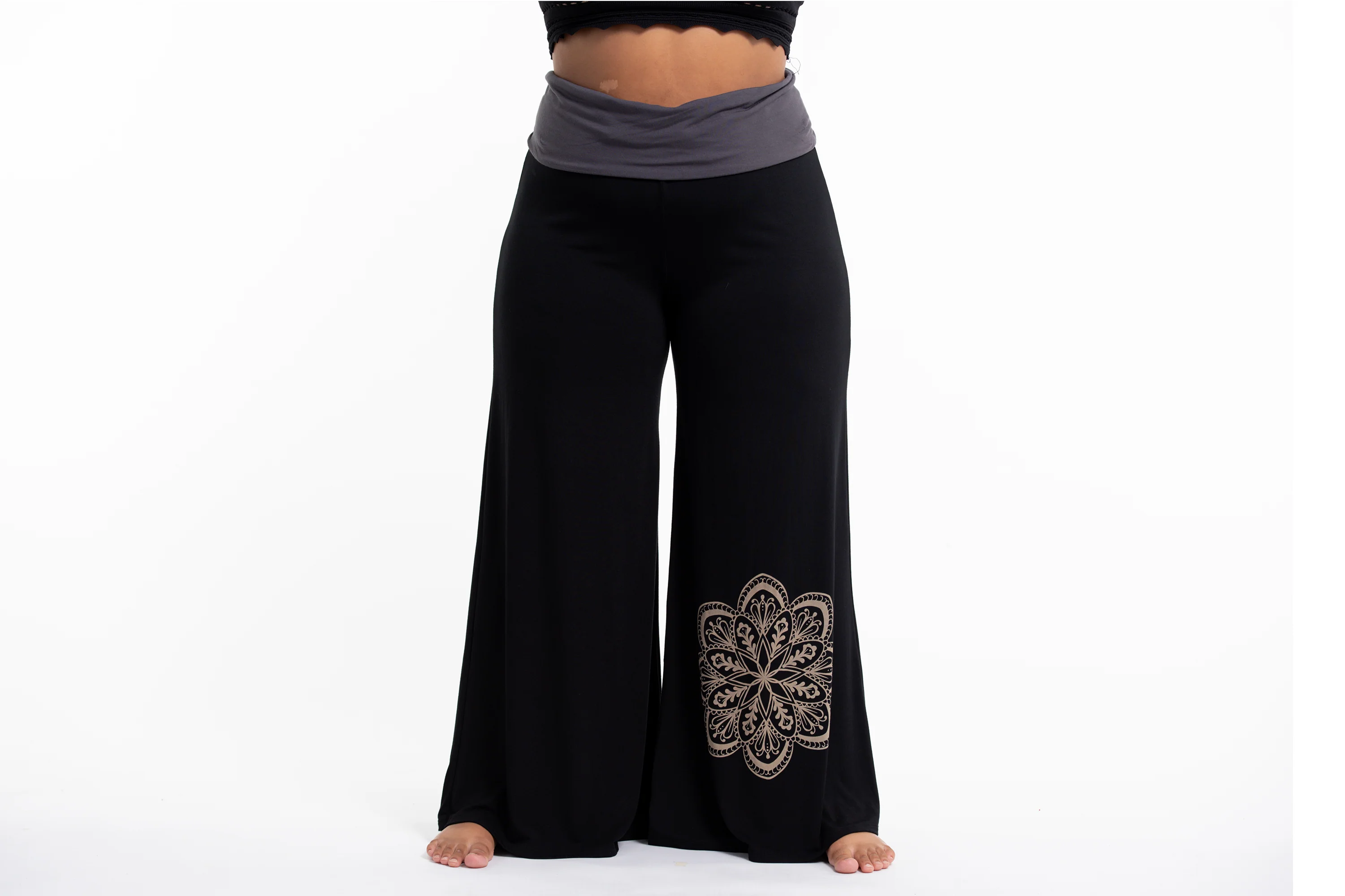 Plus Size Mandala Print Wide Leg Palazzo Harem Pants Cotton Spandex in Black